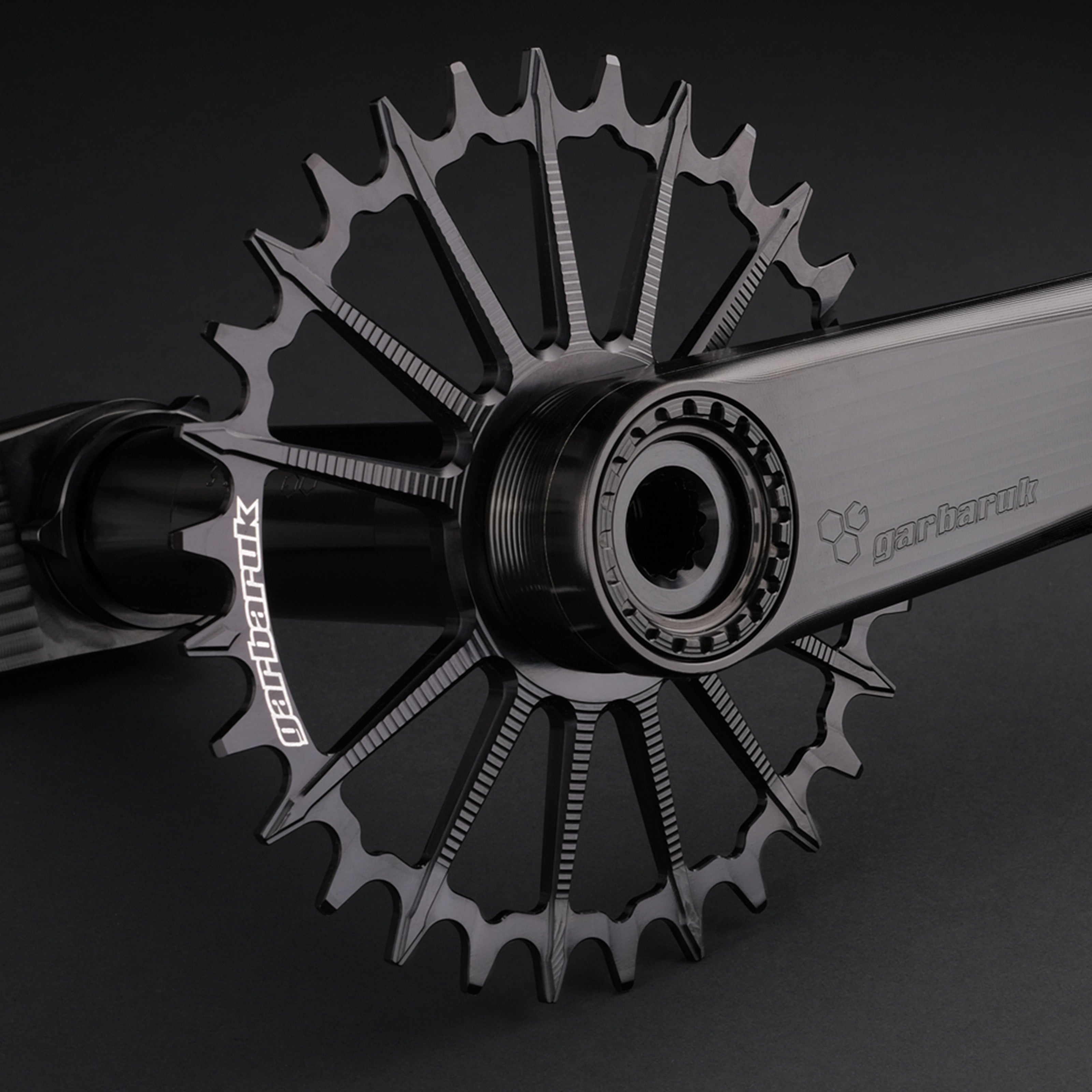 Garbaruk DM MTB chainring in black, designed for mountain bike cranksets, showing precise CNC machining, mounted to a black Garbaruk crankset