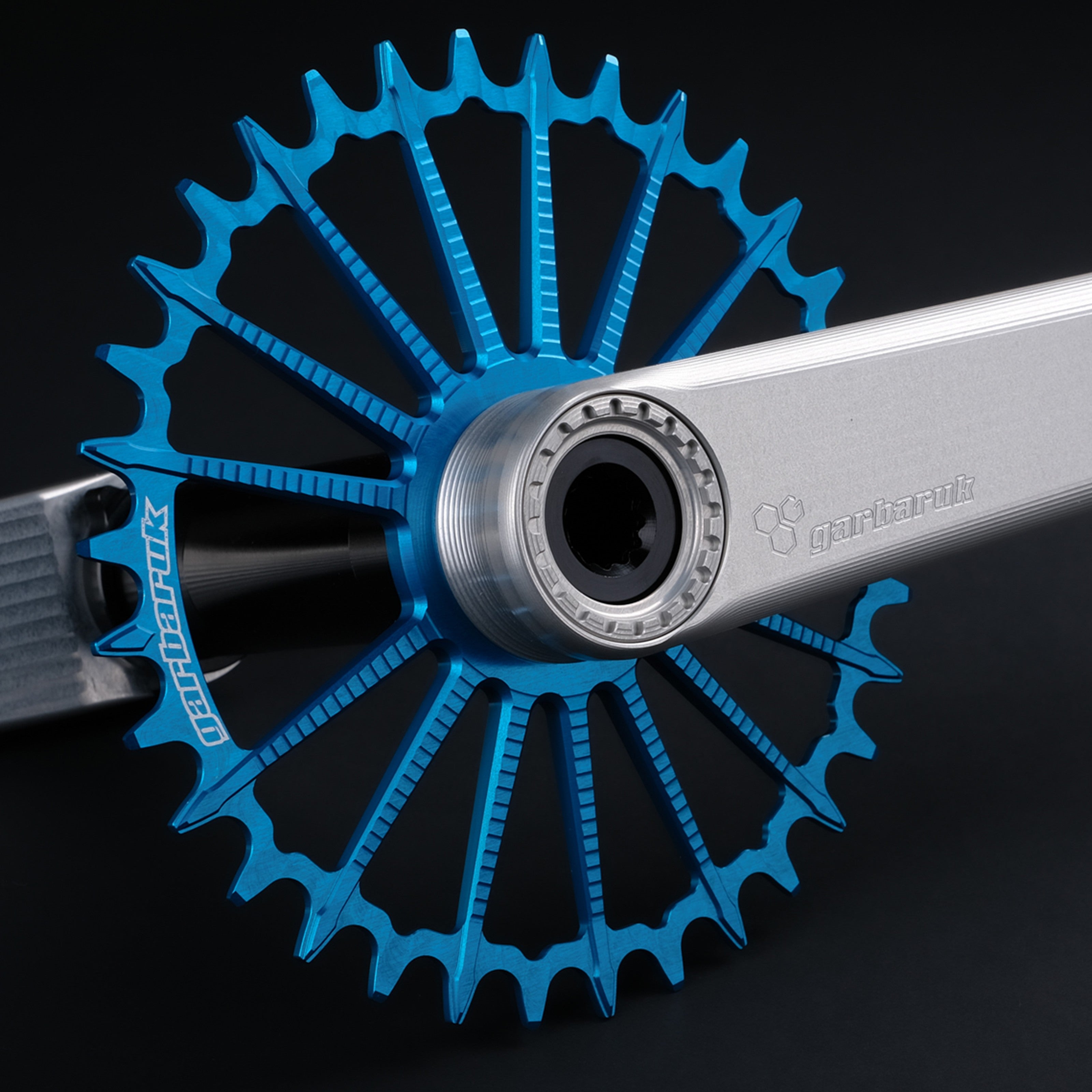 Garbaruk DM MTB chainring in blue, designed for mountain bike cranksets, showing precise CNC machining, mounted to a silver Garbaruk crankset