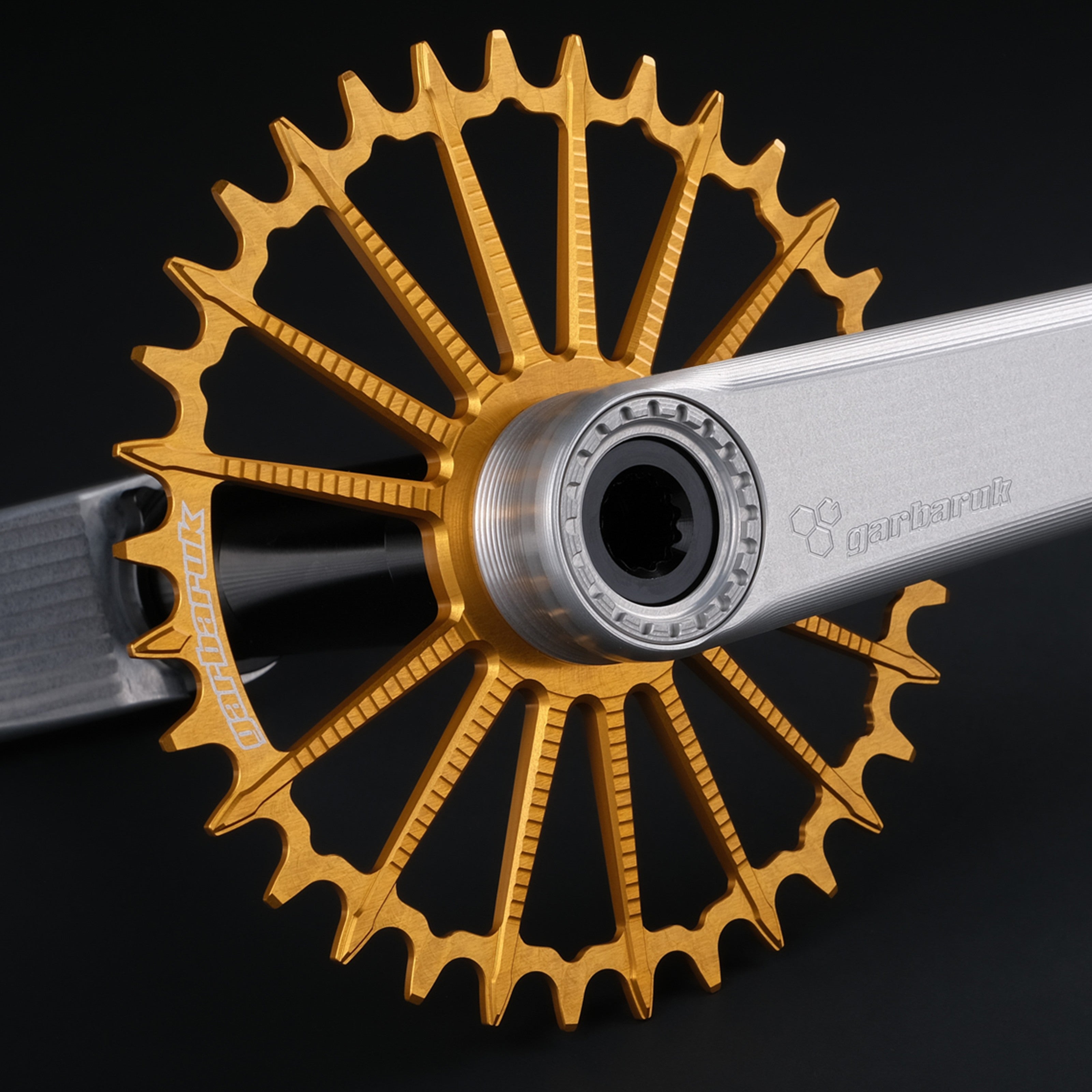 Garbaruk DM MTB chainring in gold, designed for mountain bike cranksets, showing precise CNC machining, mounted to a silver Garbaruk crankset