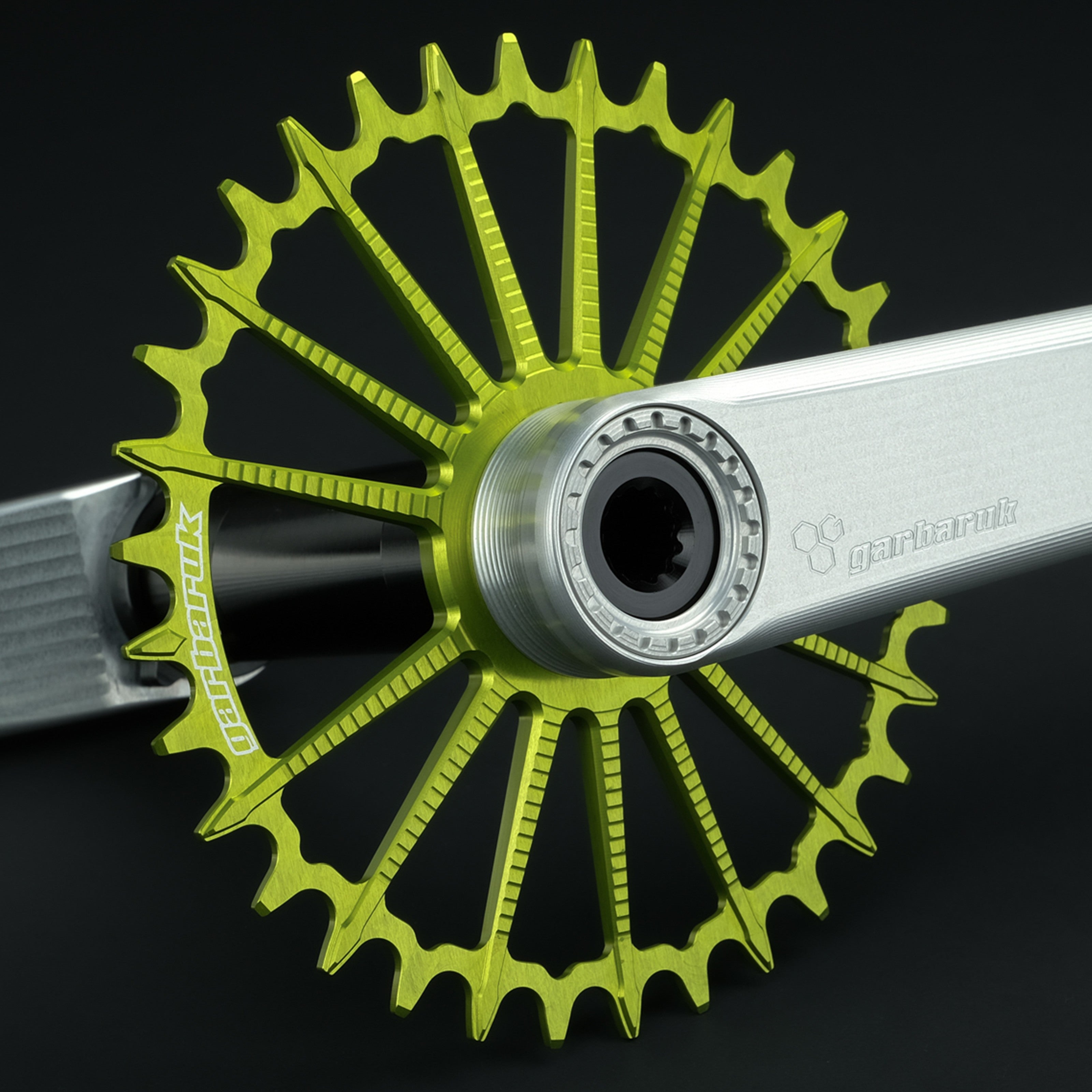 Garbaruk DM MTB chainring in green, designed for mountain bike cranksets, showing precise CNC machining, mounted to a silver Garbaruk crankset