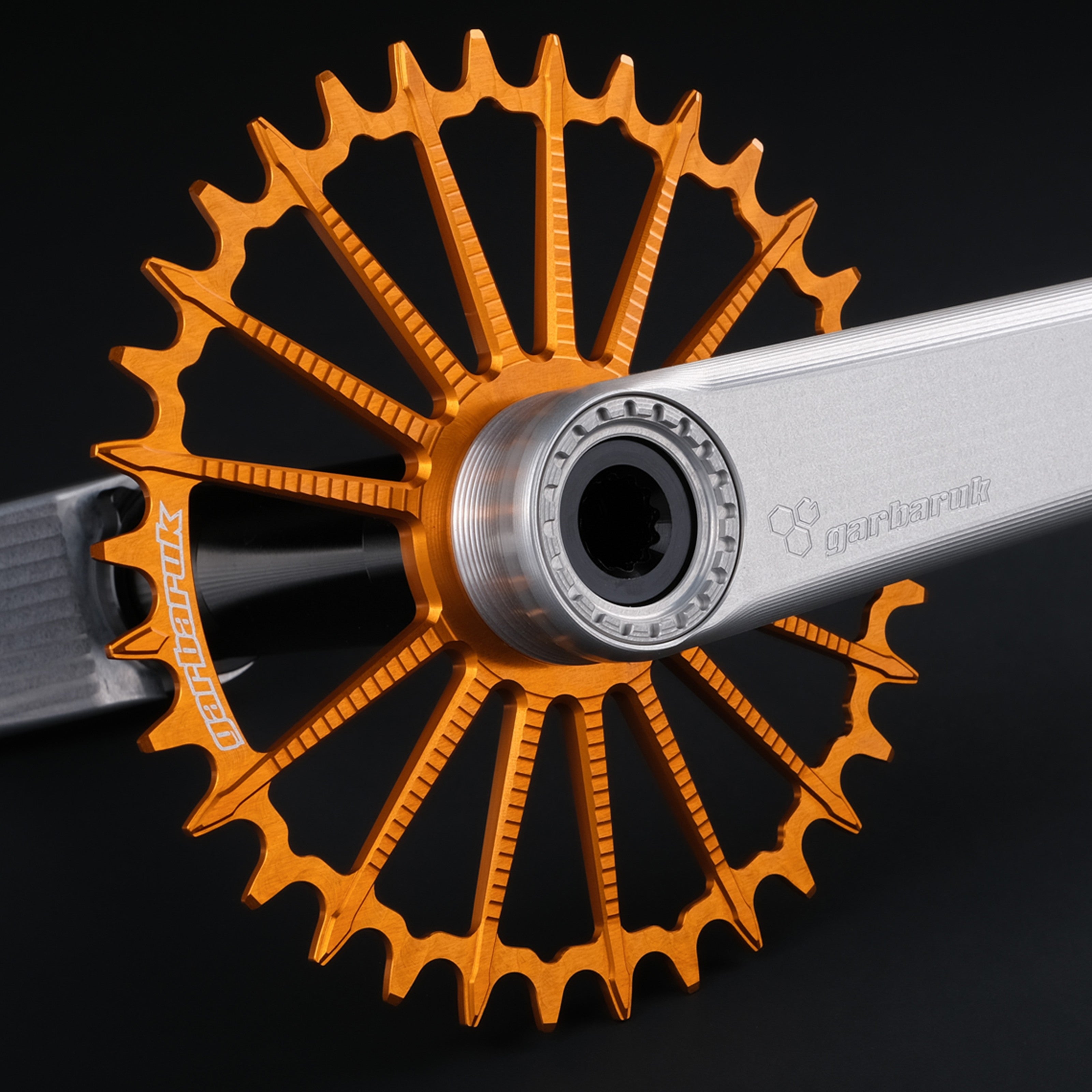 Garbaruk DM MTB chainring in orange, designed for mountain bike cranksets, showing precise CNC machining, mounted to a silver Garbaruk crankset