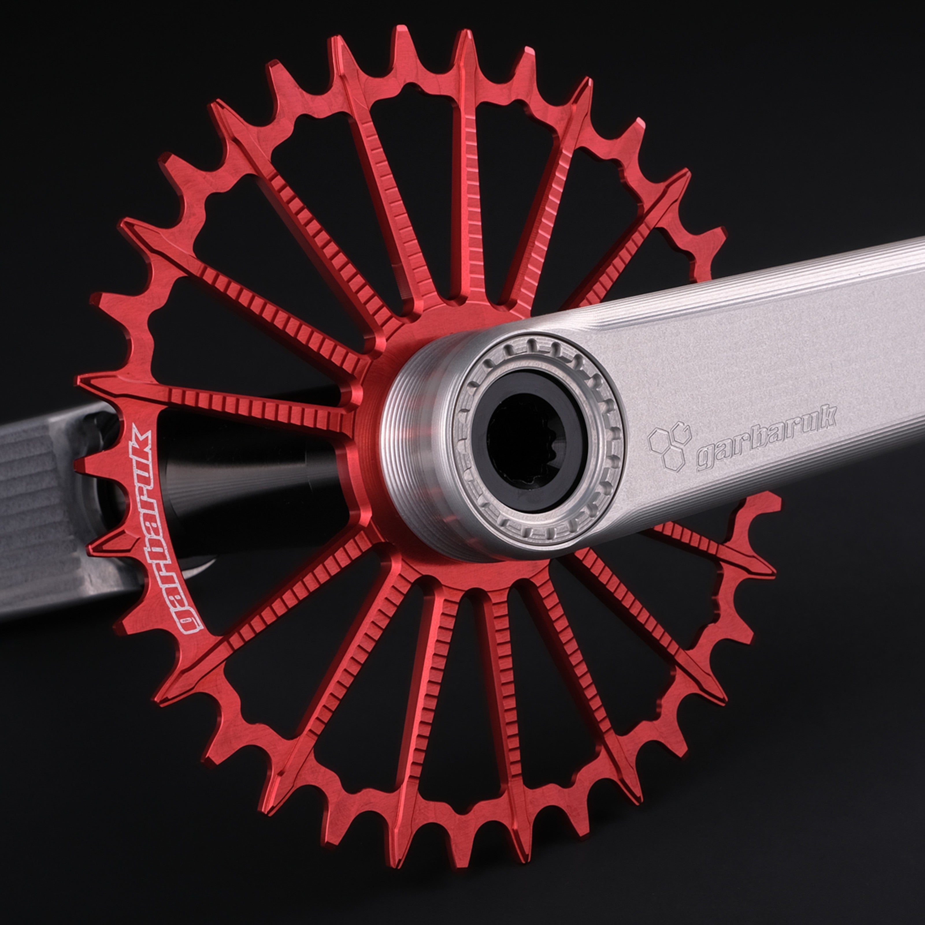 Garbaruk DM MTB chainring in red, designed for mountain bike cranksets, showing precise CNC machining, mounted to a silver Garbaruk crankset