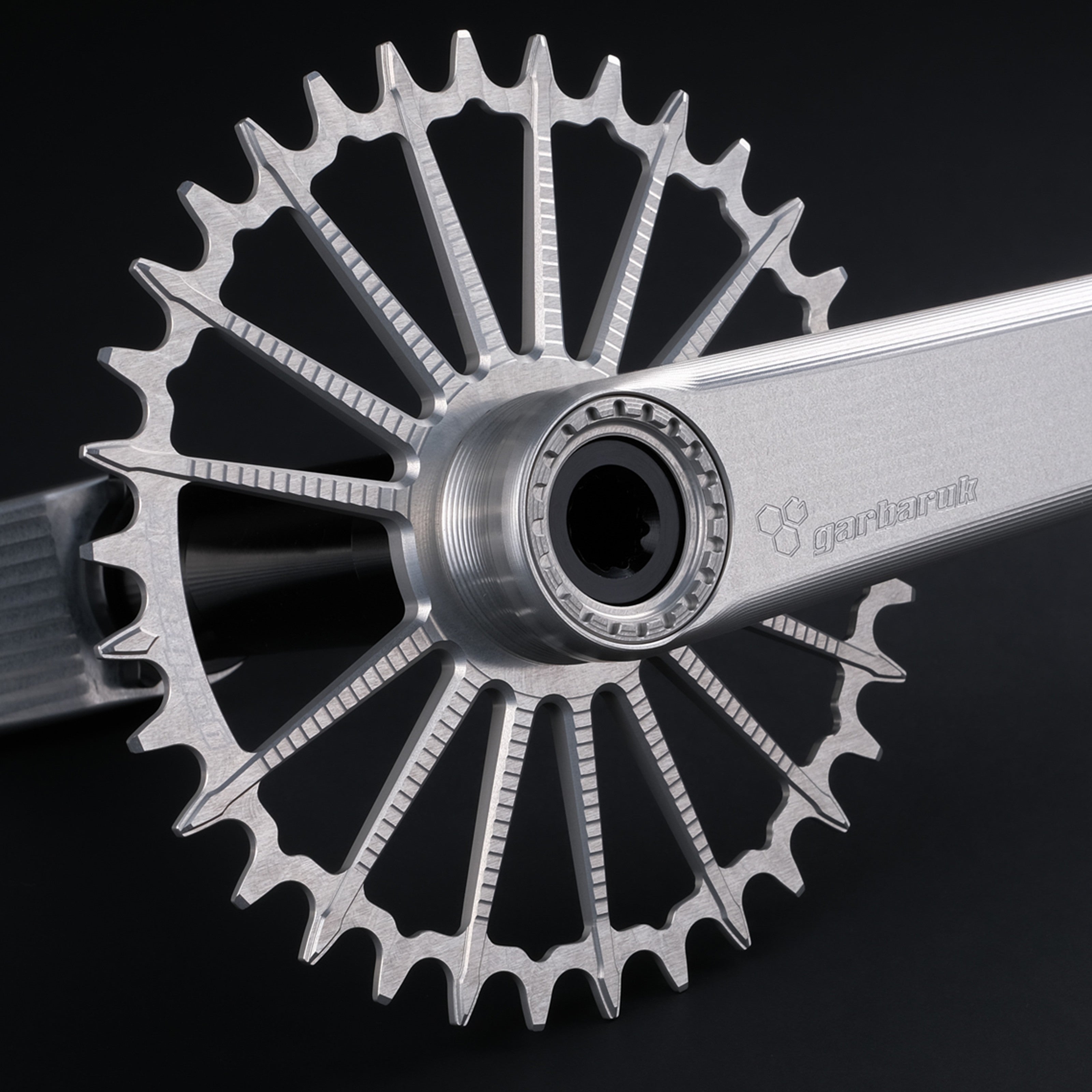 Garbaruk DM MTB chainring in silver, designed for mountain bike cranksets, showing precise CNC machining, mounted to a silver Garbaruk crankset