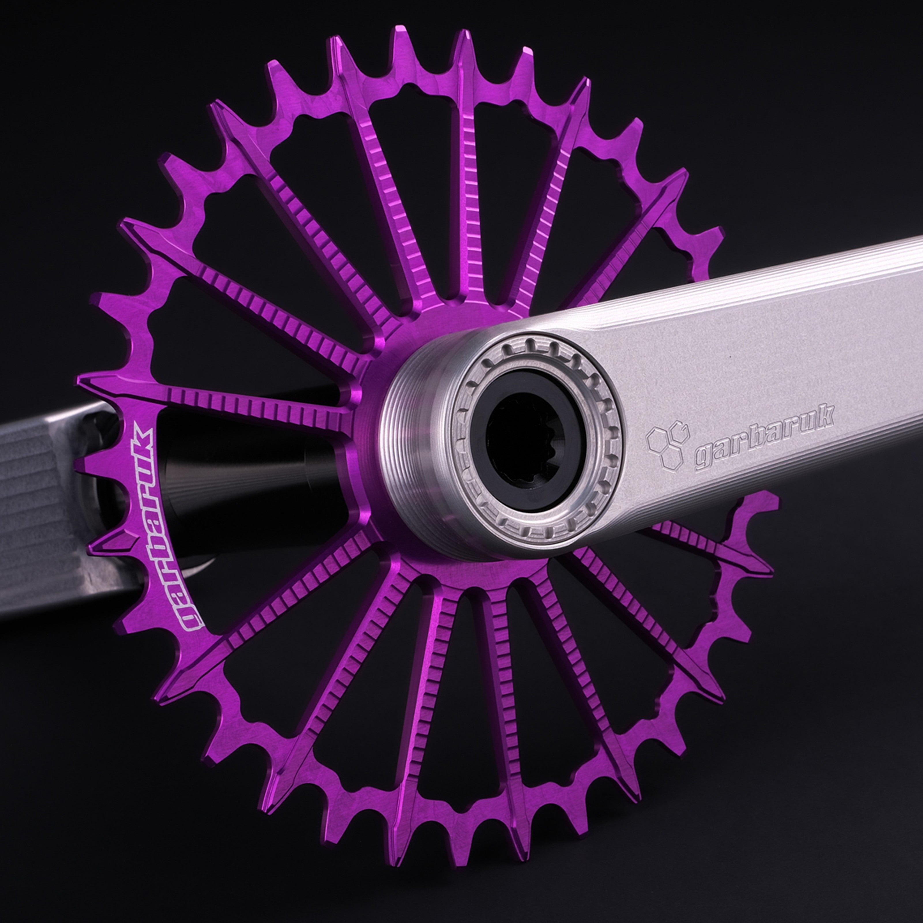 Garbaruk DM MTB chainring in violet, designed for mountain bike cranksets, showing precise CNC machining, mounted to a silver Garbaruk crankset