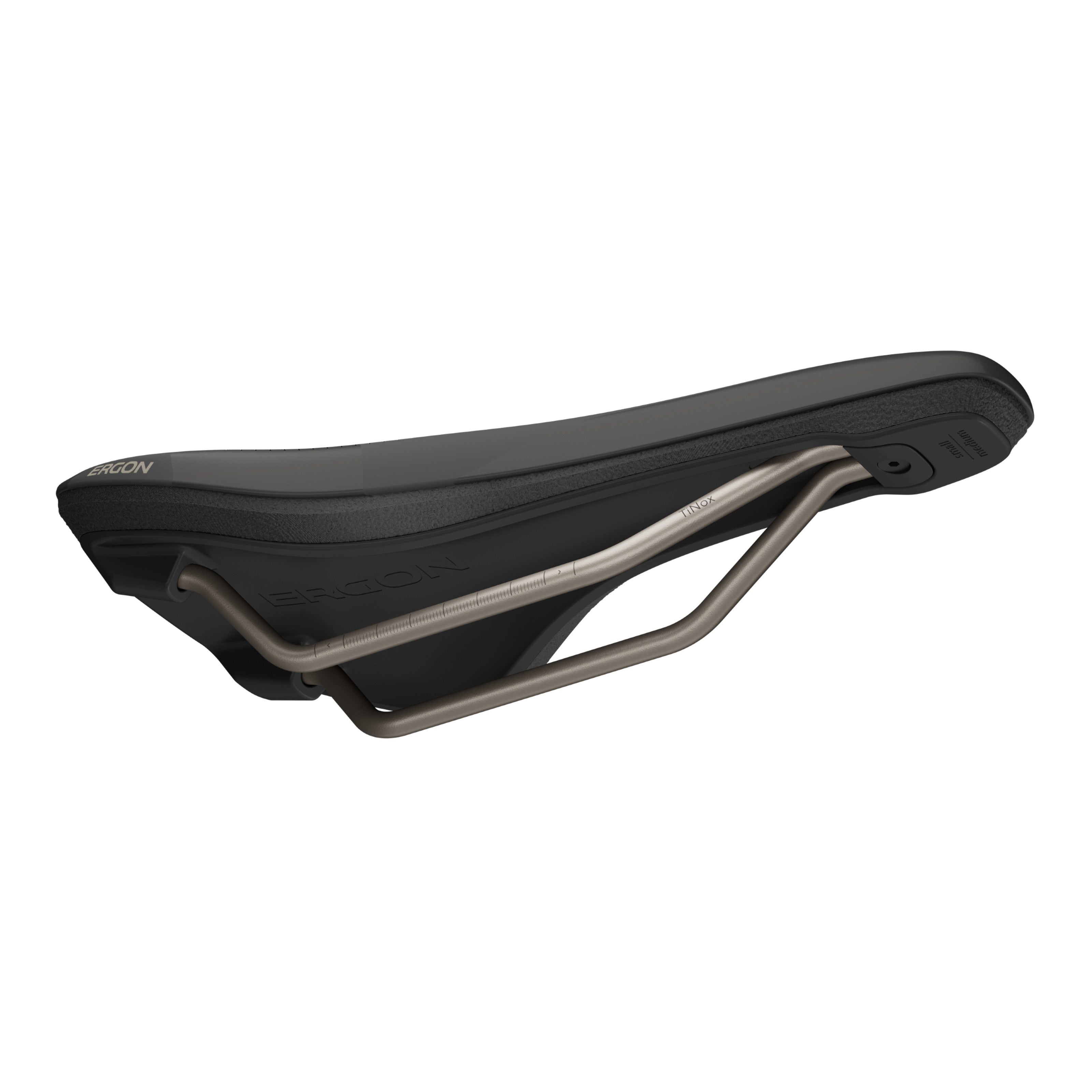 Angled underside view of Ergon SR Allroad Men’s saddle, showing rail structure detail