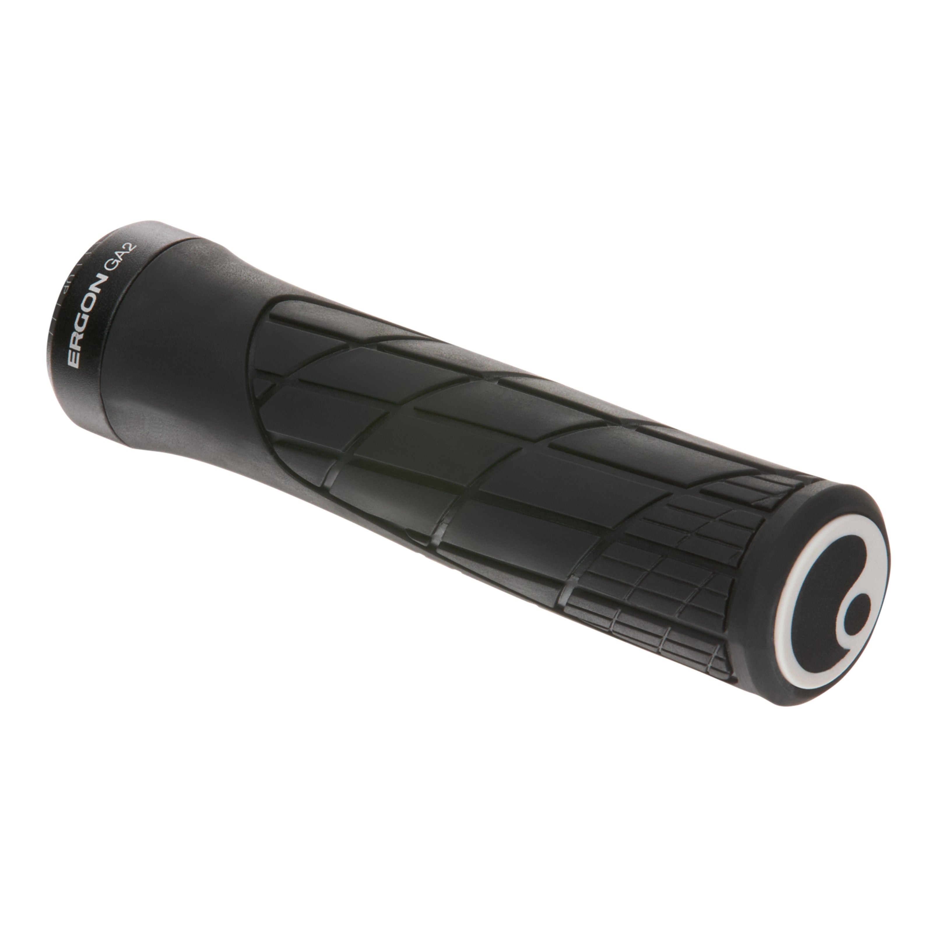 Angled view of Ergon GA2 grips showing ergonomic shape and soft rubber texture