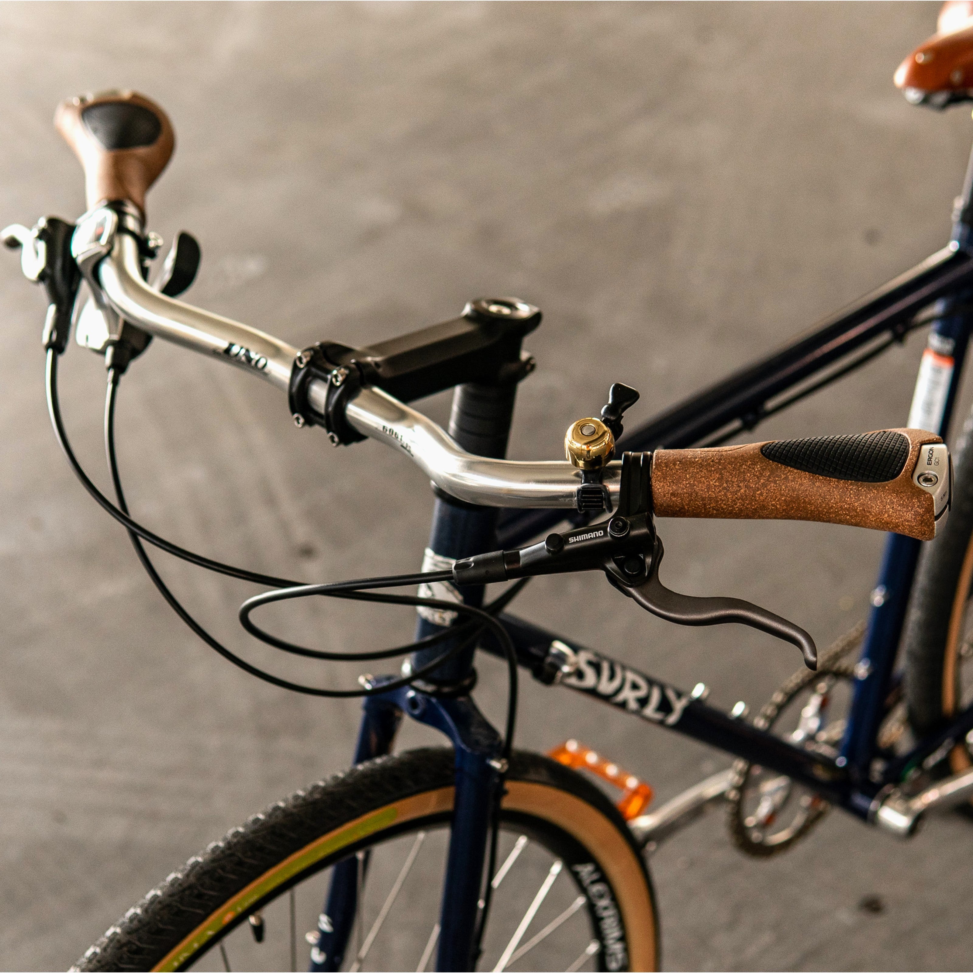 Ergon GC1 BioKork grips installed on a curved handlebar of a custom-built Surly Straggler commuter bike