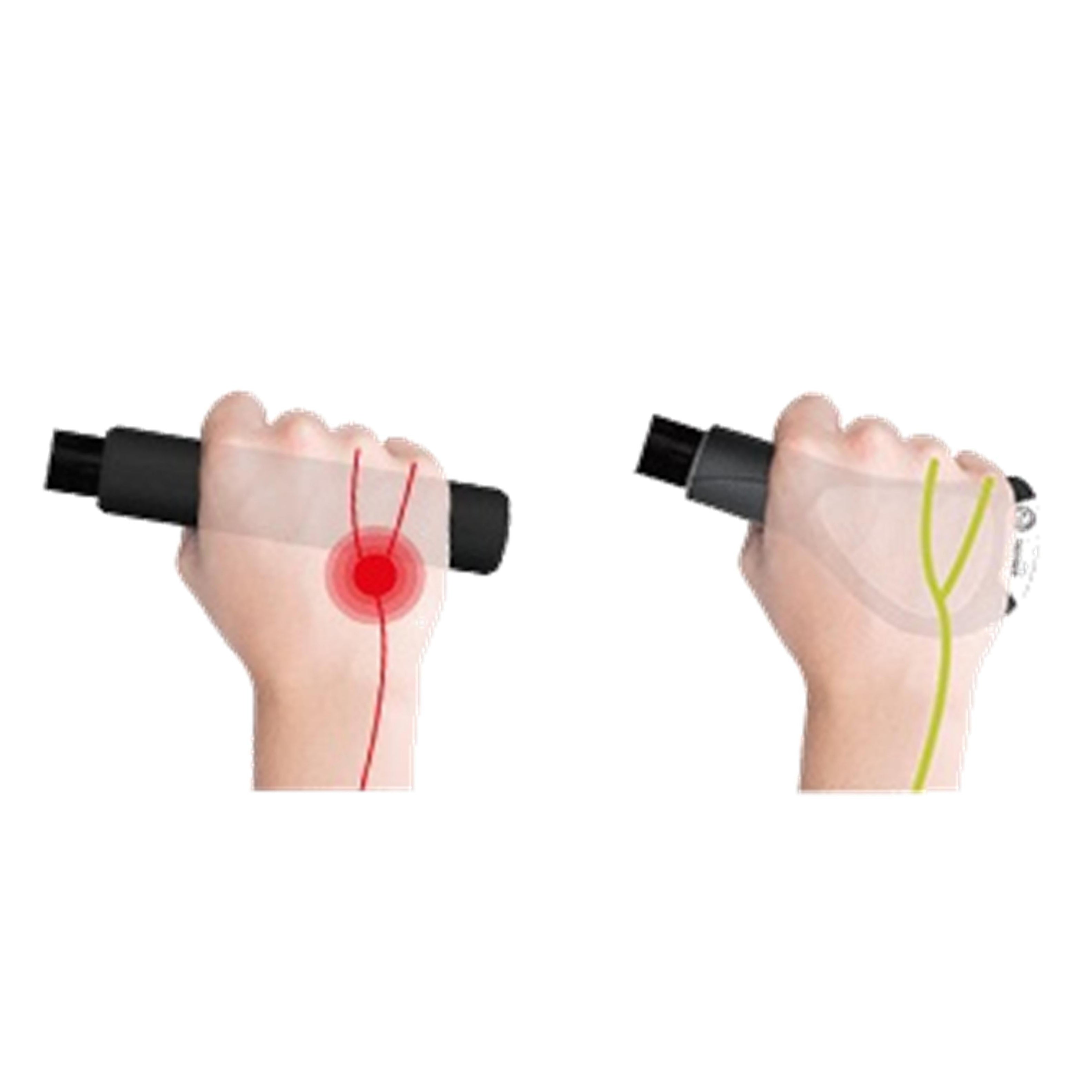 Diagram showing hand placement on a curved handlebar with Ergon GC1 grip, demonstrating improved wrist alignment and pressure relief