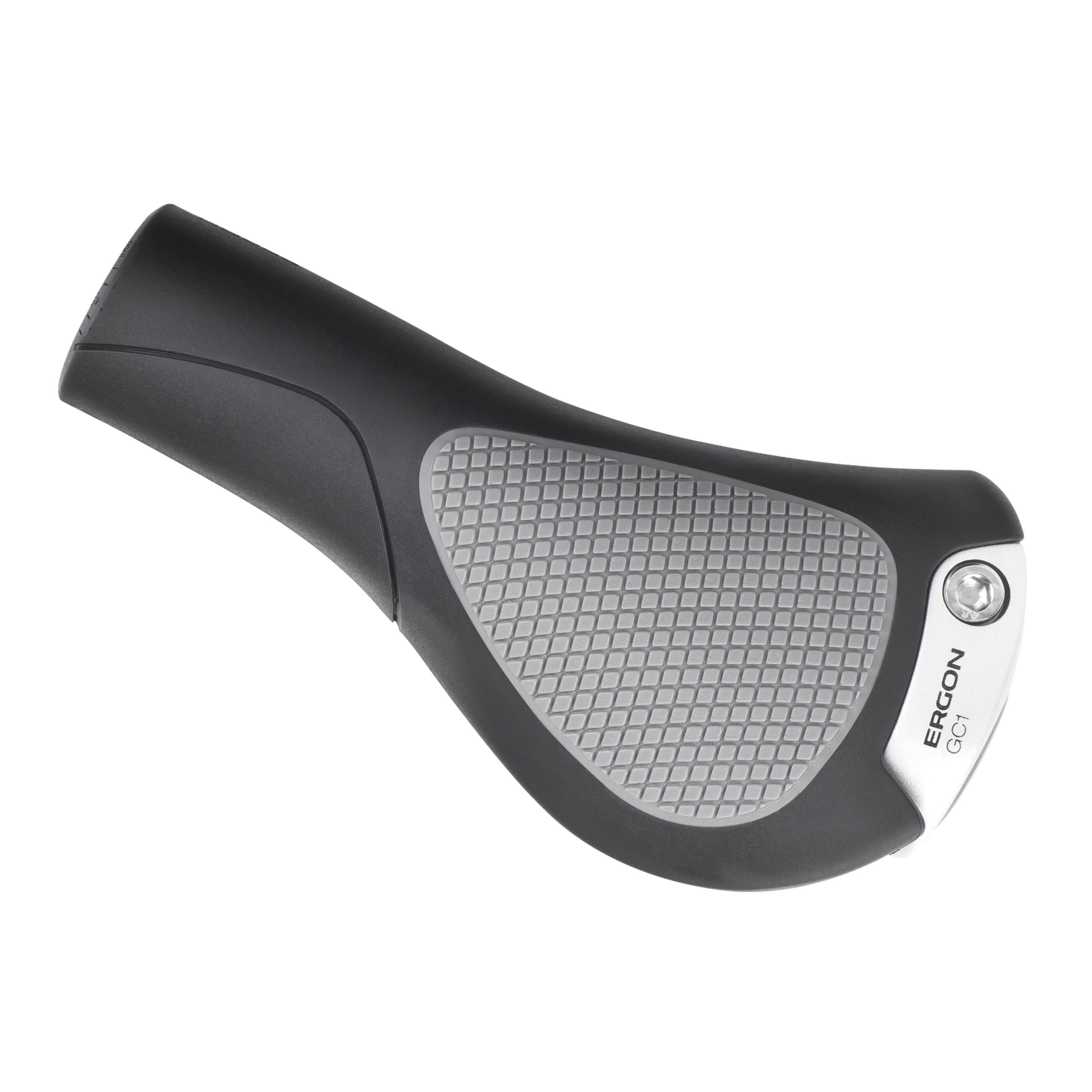 Top view image of a single Ergon GC1 grip highlighting the comfortable wing design and durable clamp hardware