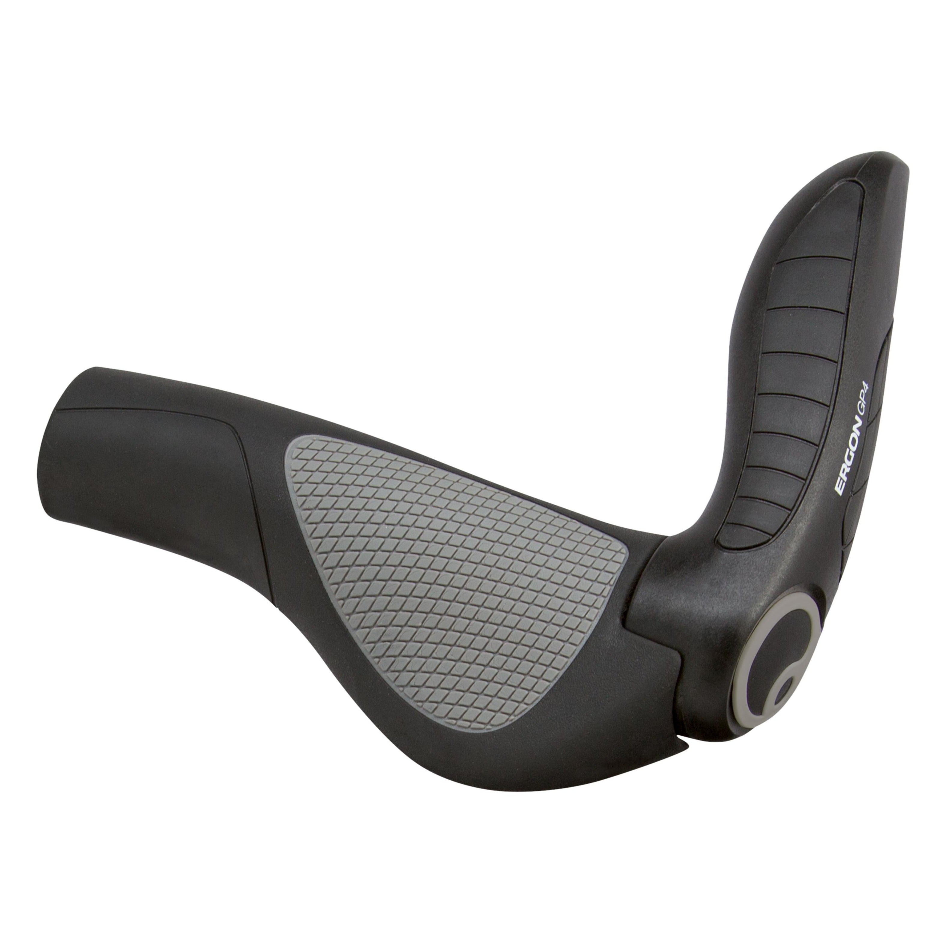 Angled view of Ergon GP4 grip showing full-size bar end and ergonomic wing