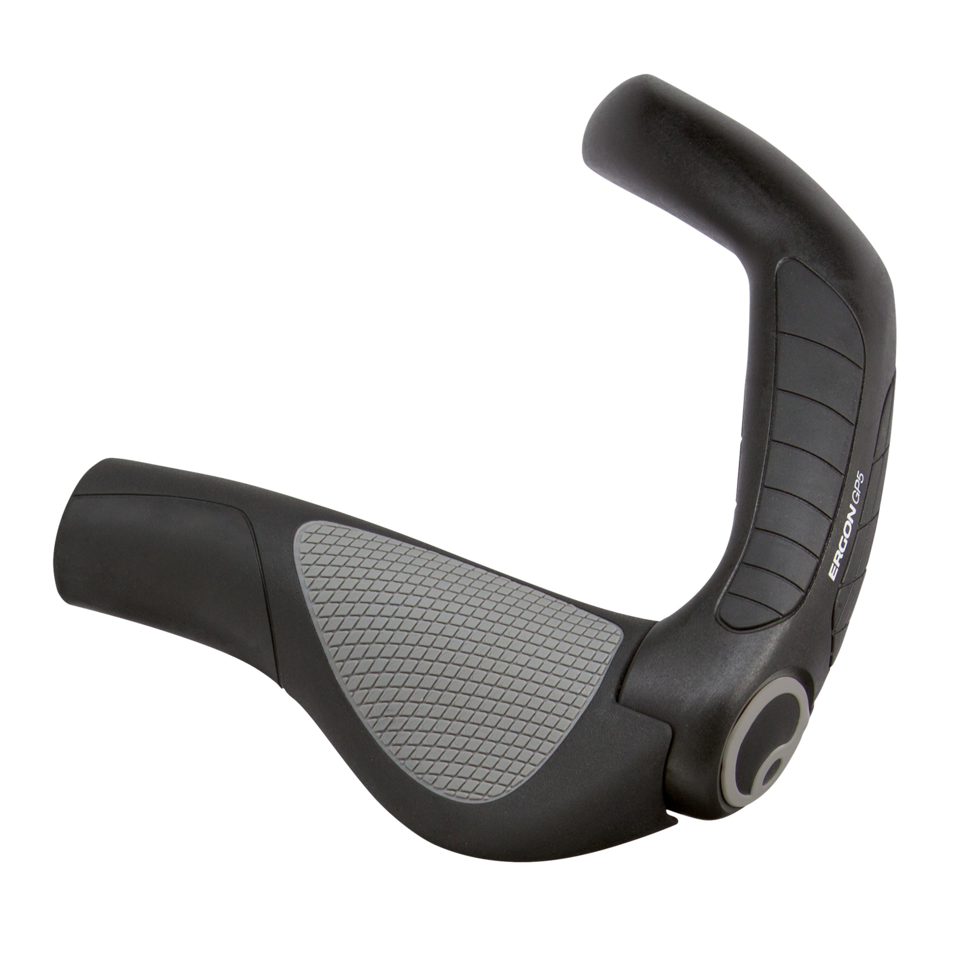 Angled view of Ergon GP5 ergonomic grip showing extended bar end and wing support