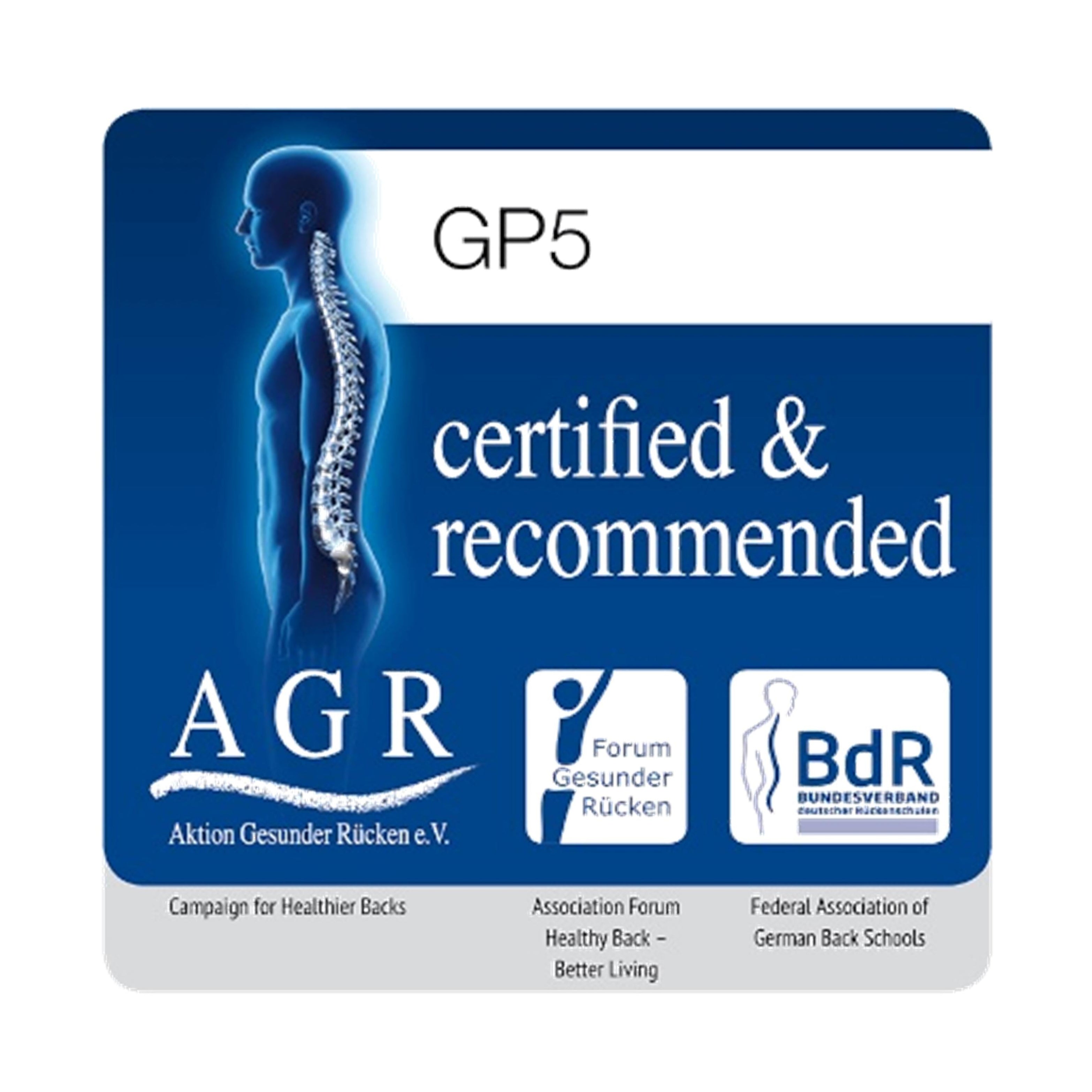 Certification logos for Ergon GP5 grips, recommended by AGR, Forum Gesunder Rücken, and the German Back School Association for proven ergonomic back support