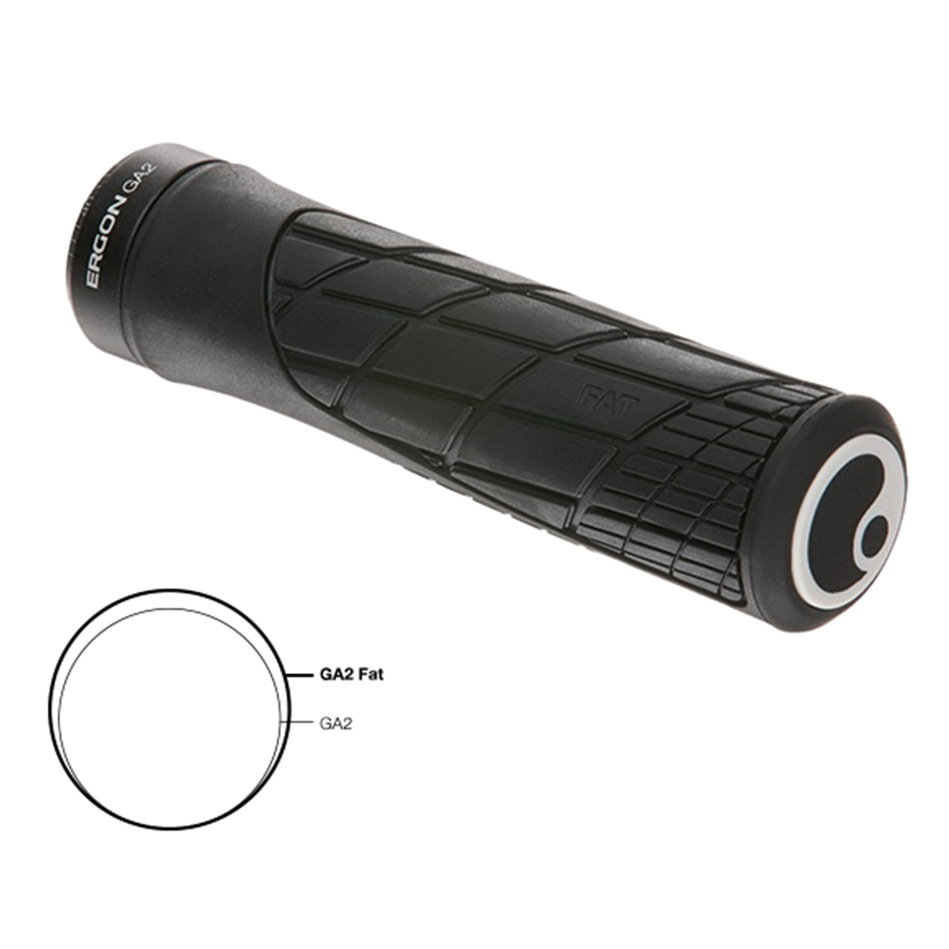 Ergon GA2 Fat grips in black, angled studio view showing the diameter difference between the GA2 Fat and GA2 grips (diagram illustration)