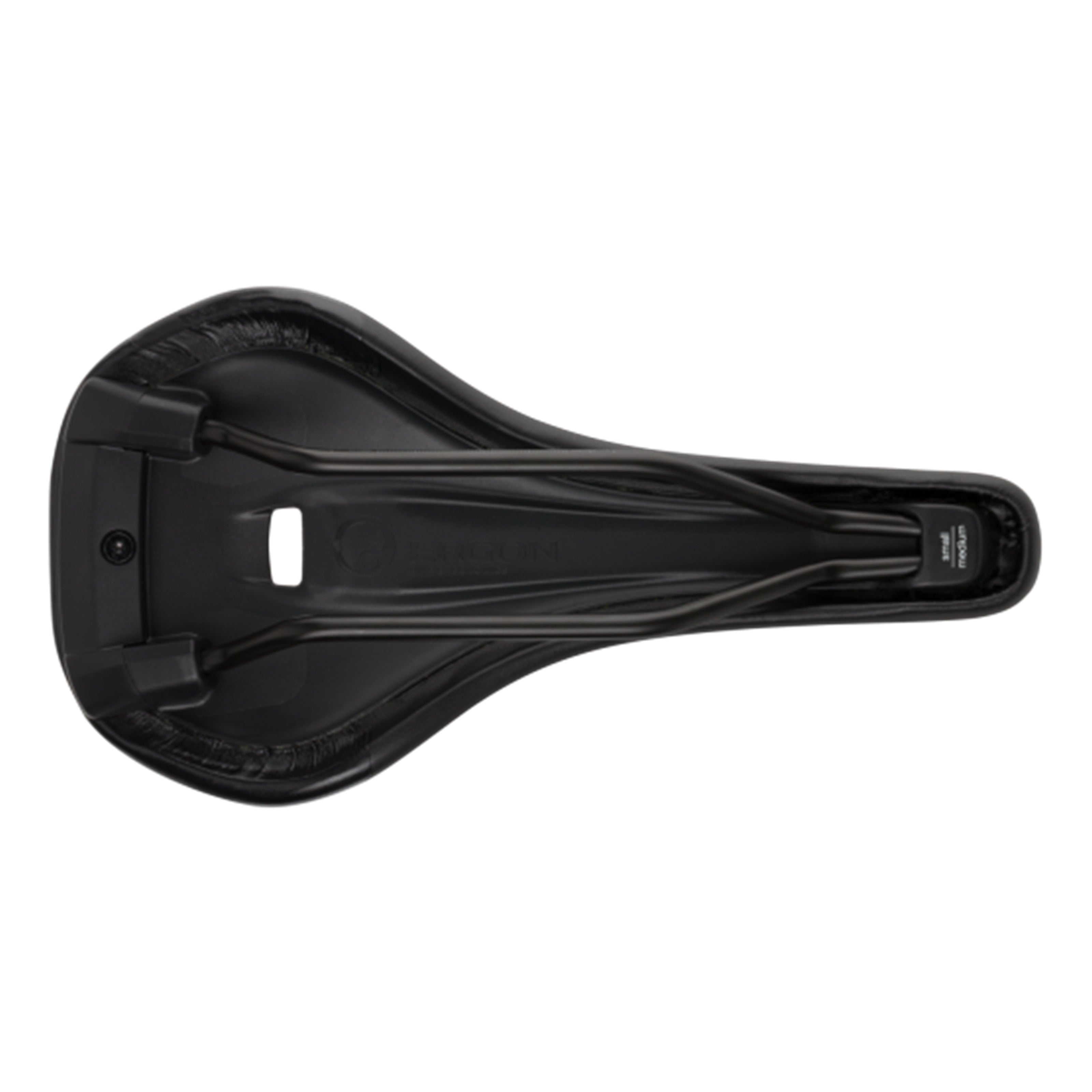 Underside view of Ergon SM Pro Comp saddle showing lightweight rails and base construction