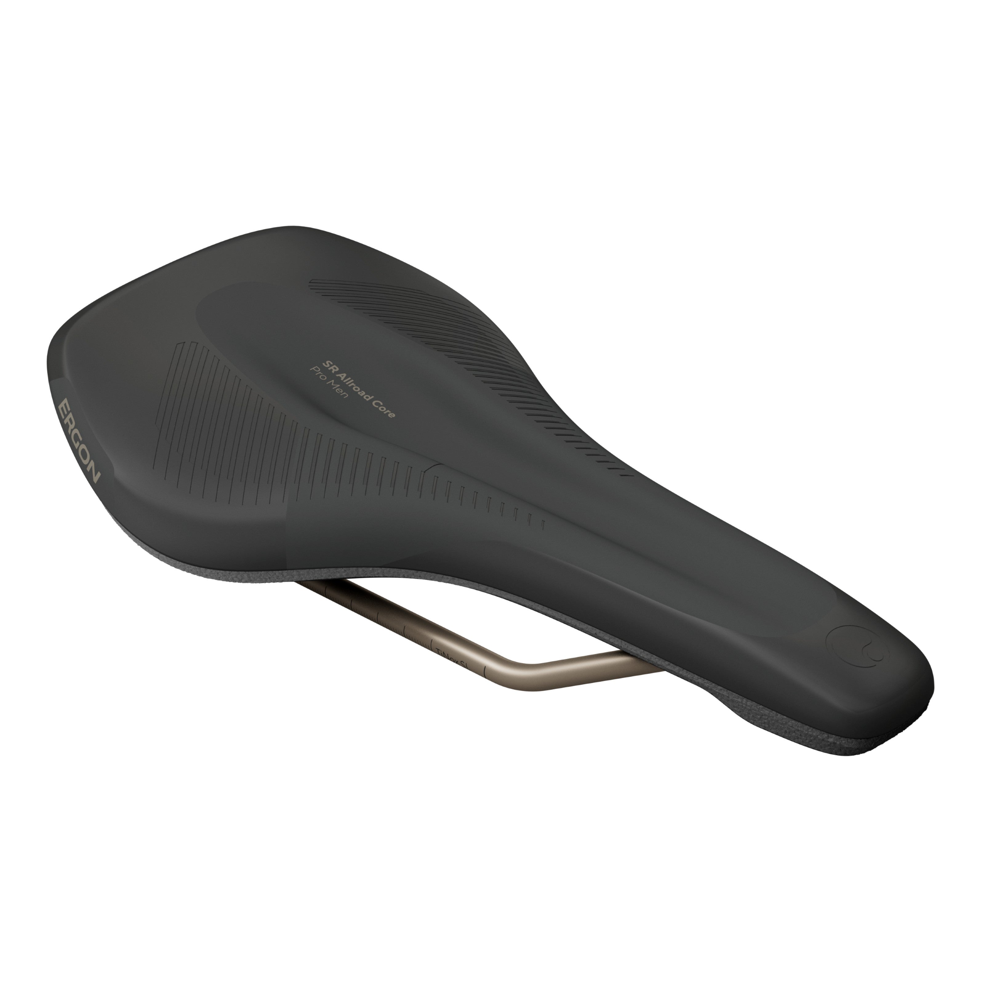 Ergon SR Allroad Men’s saddle, angled view showing sleek contours and pressure-relief zone