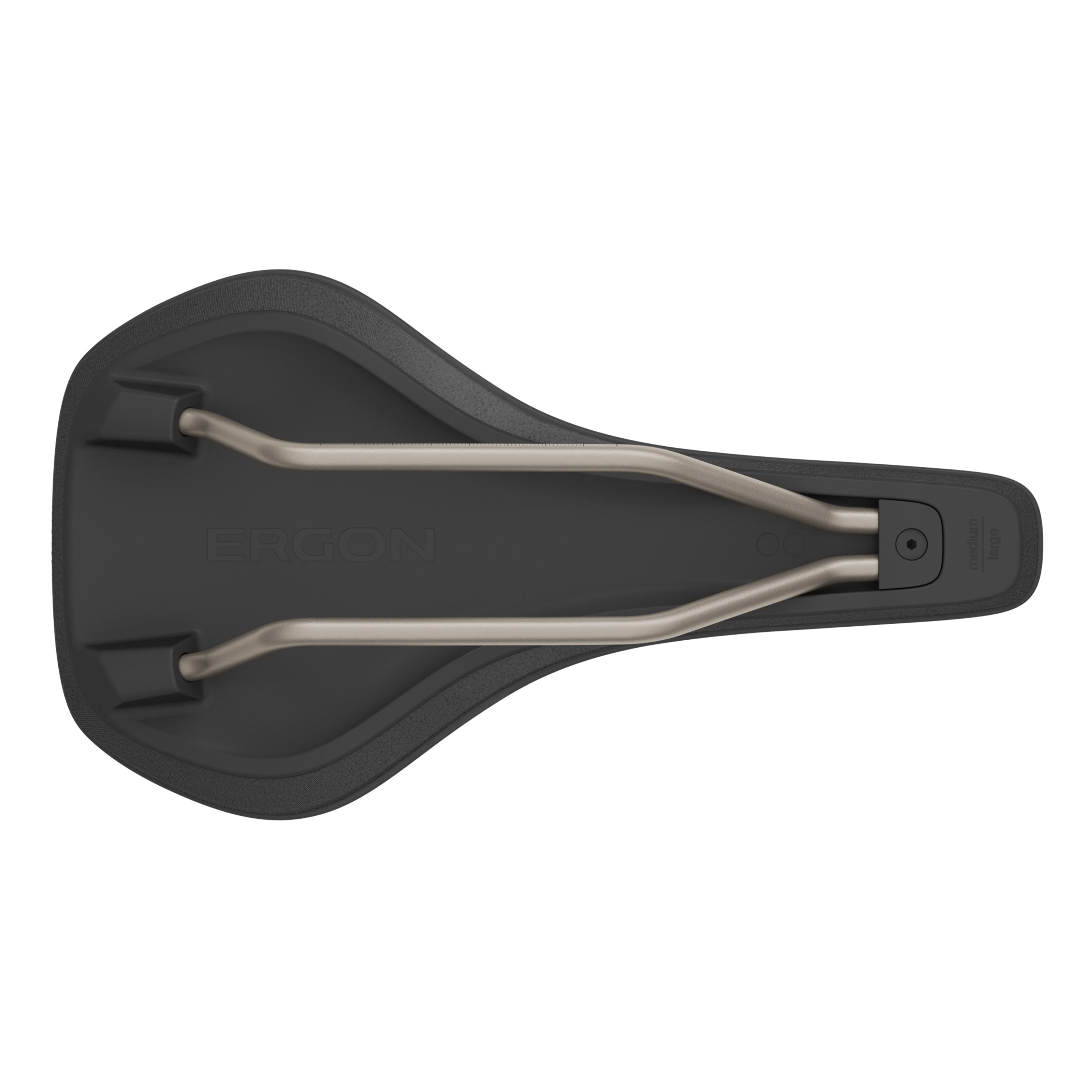 Ergon SR Allroad Men’s saddle underside, showing rail structure and shell design