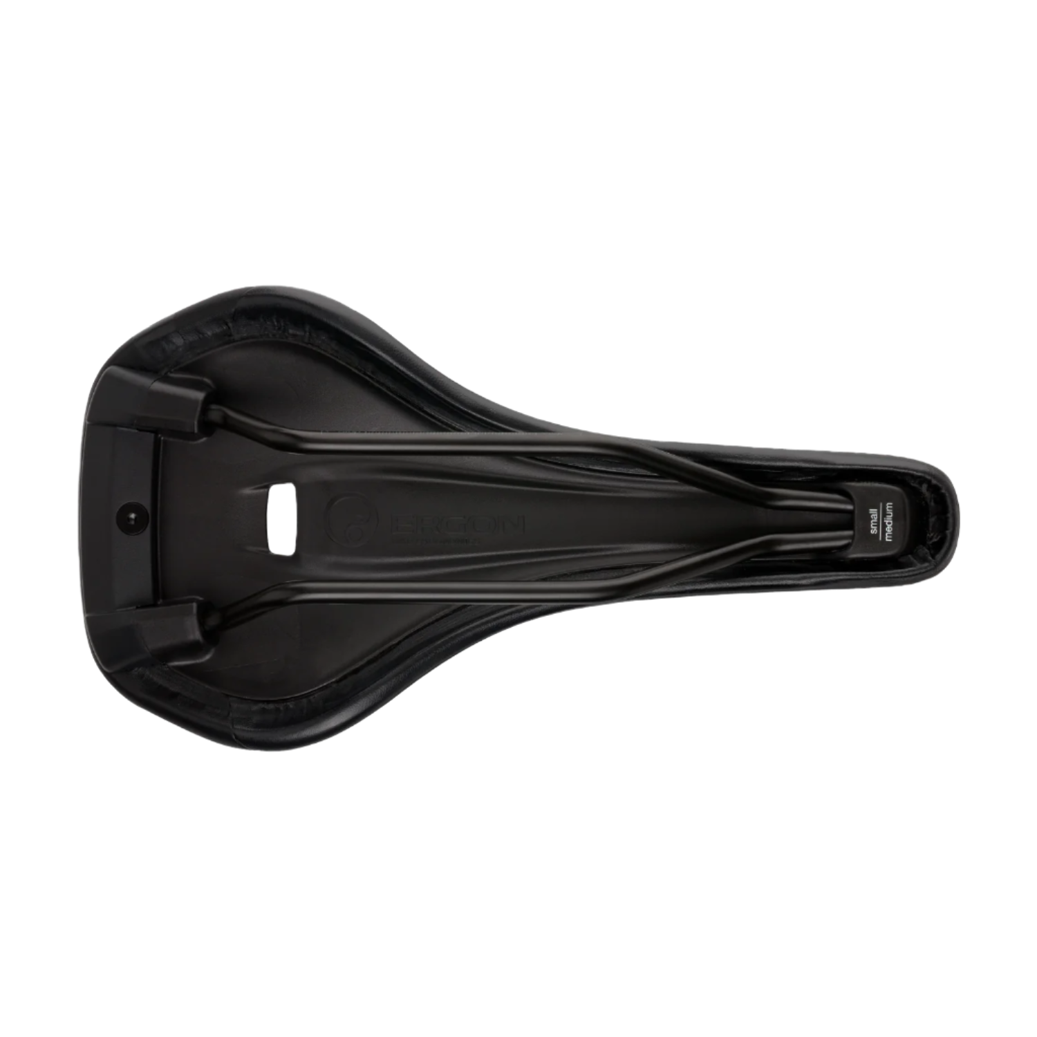 Underside view of Ergon SR Pro Men’s saddle showing rail structure and support shell