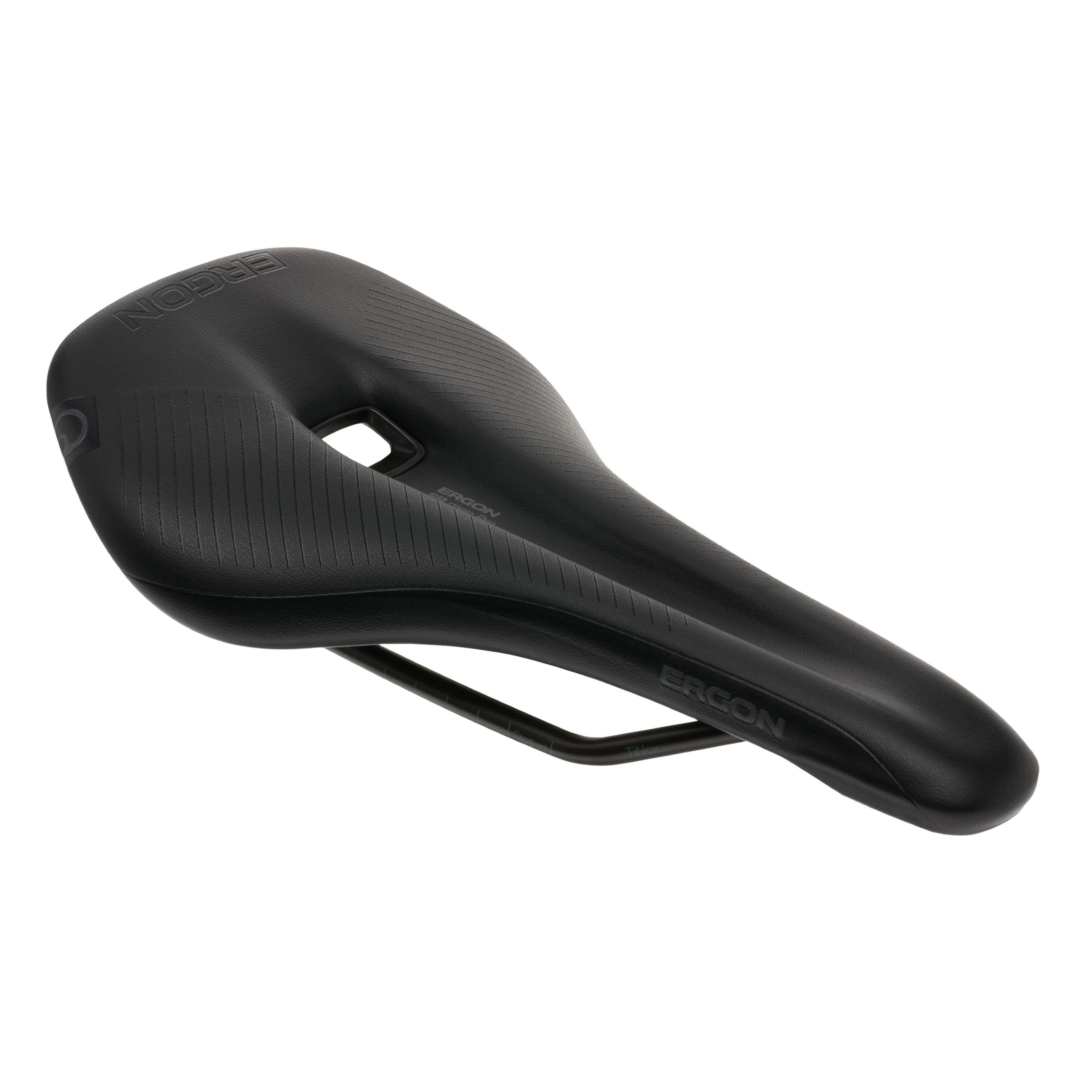 Angled view of the Ergon SR Pro Men’s saddle showing ergonomic cut-out and sleek profile
