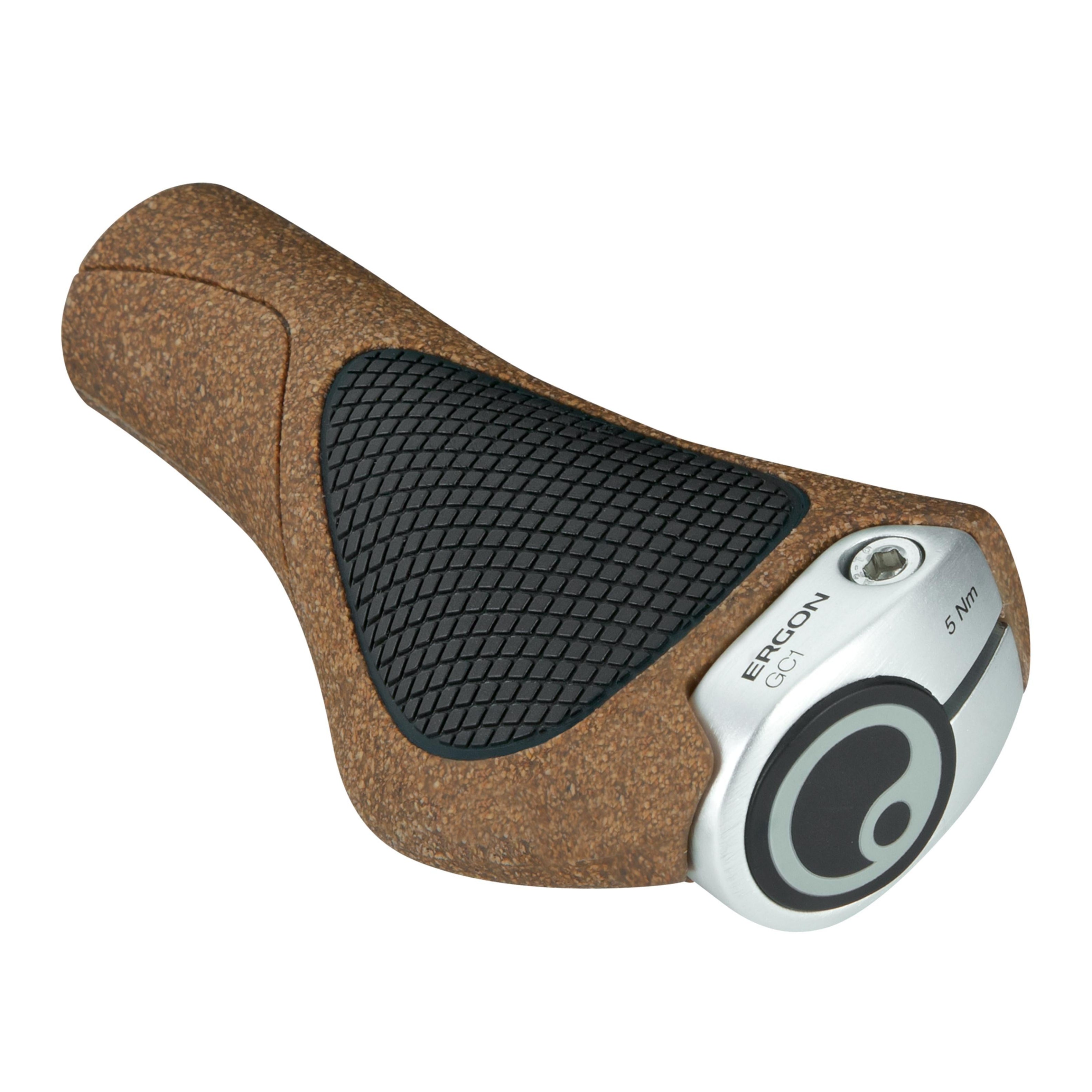 Angled view of Ergon GC1 BioKork grip emphasising curved bar compatibility and ergonomic design