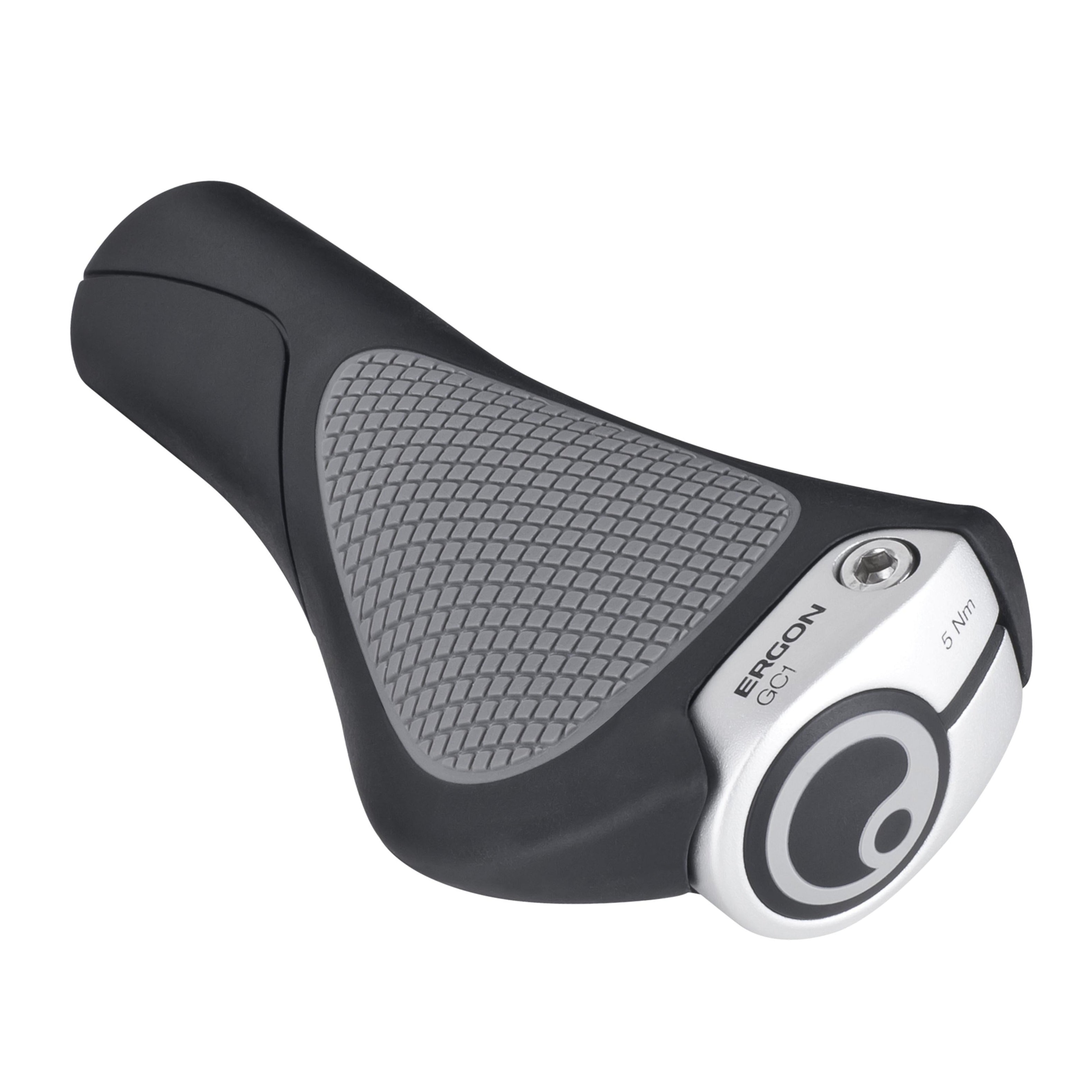 Angled view of a single Ergon GC1 ergonomic grip designed for curved handlebars showing the wing support and locking clamp