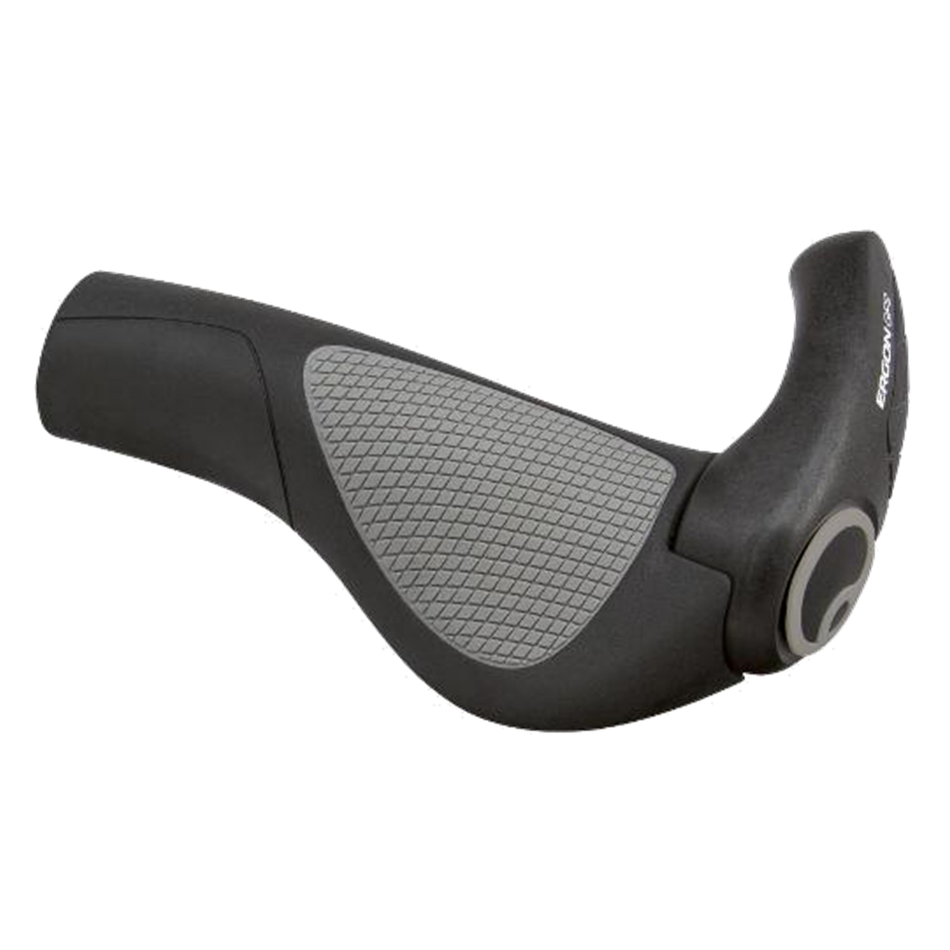 Angled view of Ergon GP2 grips highlighting integrated bar ends and textured rubber surface