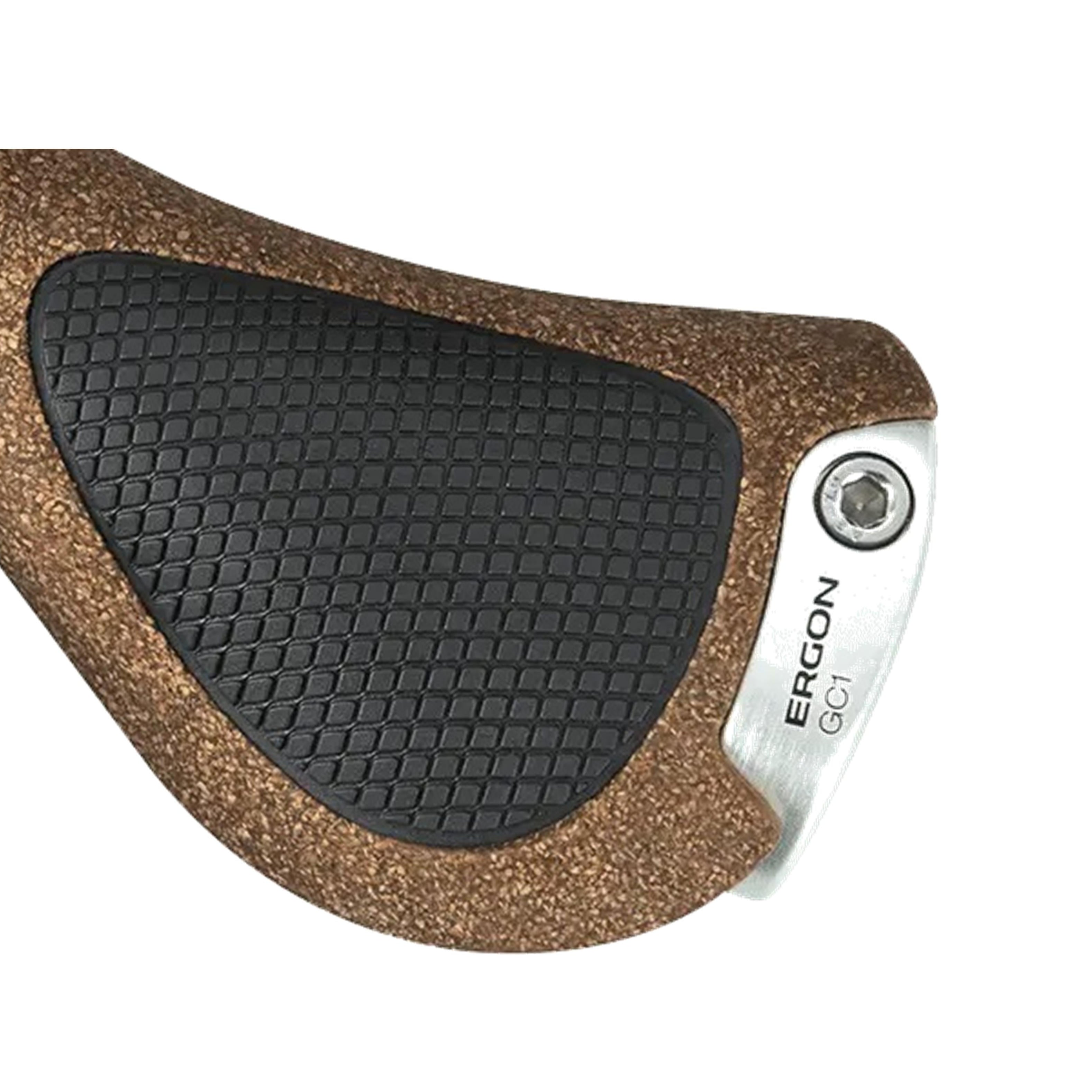 Close-up of Ergon GC1 BioKork grip end showing textured grip surface and aluminium clamp
