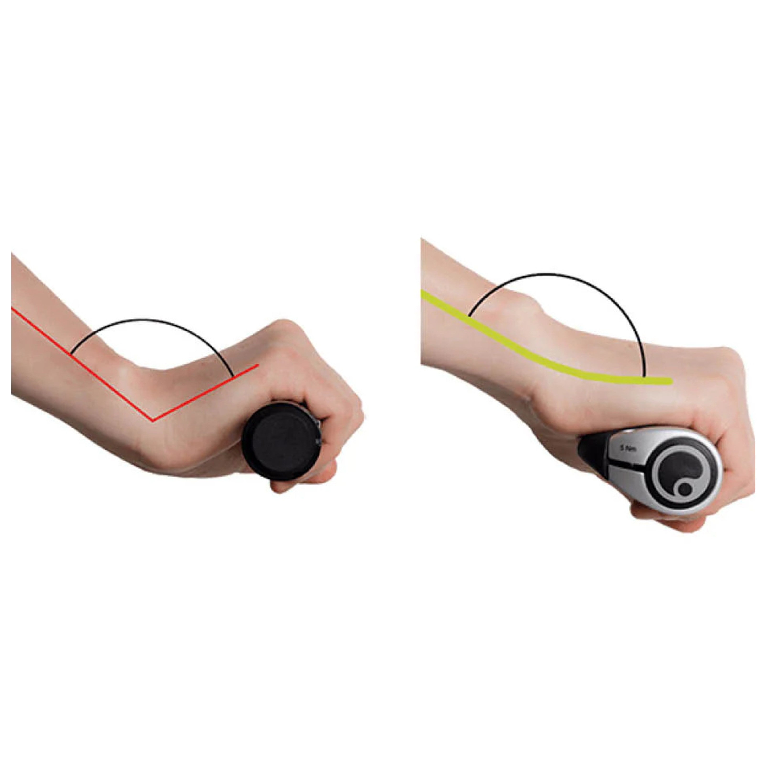 Side-by-side illustration of traditional grip versus Ergon wing grips, highlighting how Ergon grips correctly align the wrist angle