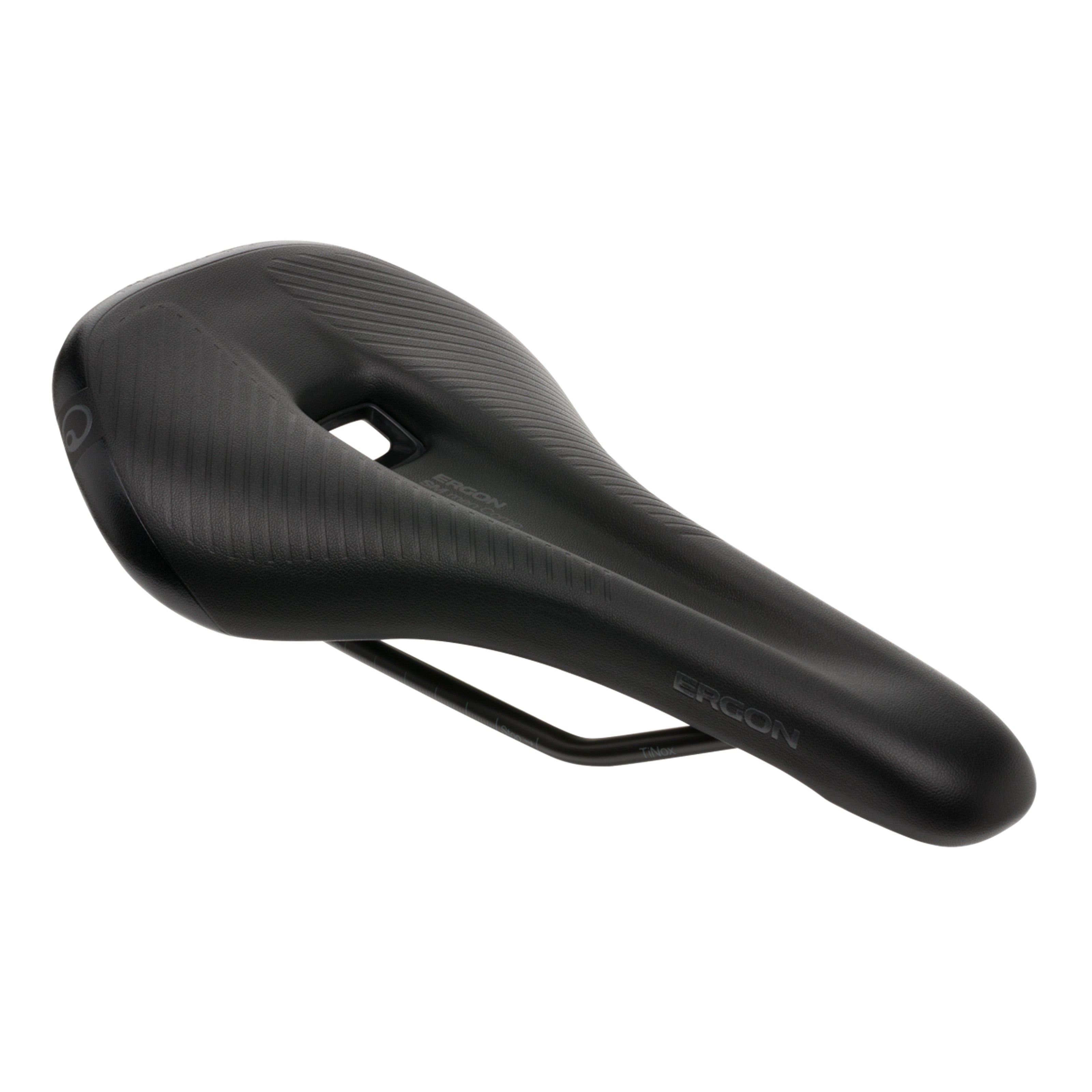 Angled front view of Ergon SM Pro Comp saddle with visible cut-out for pressure relief