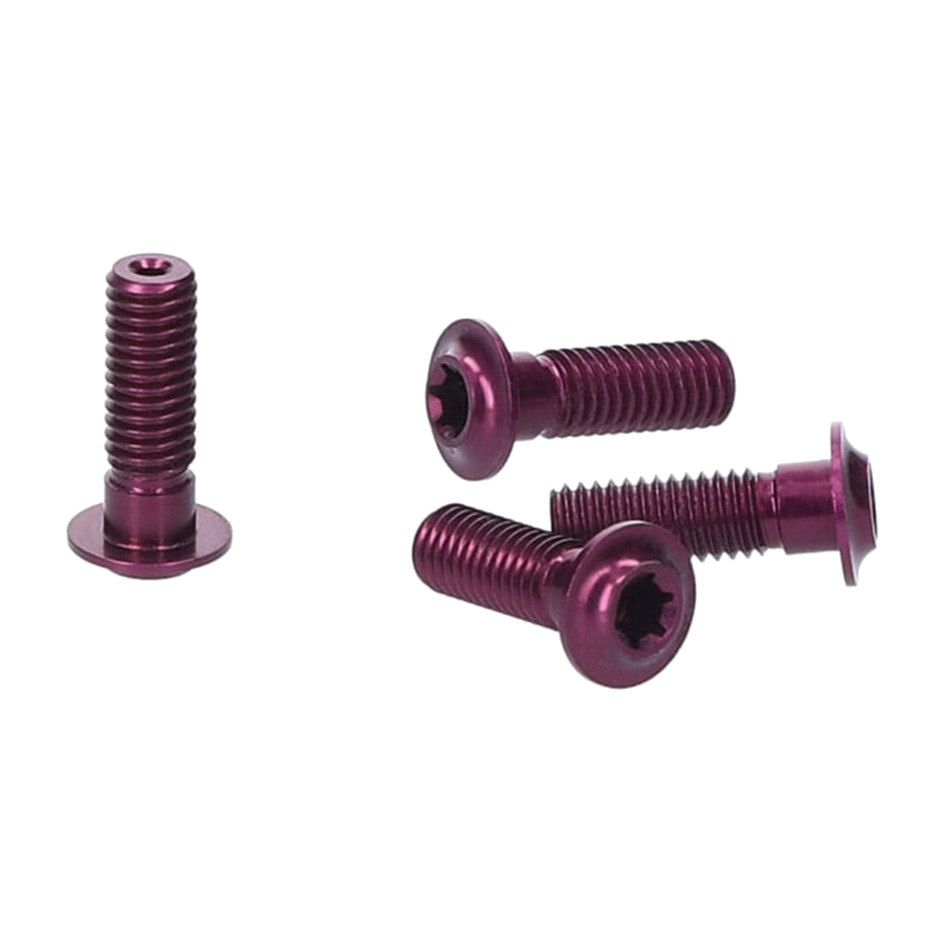 Extralite Extrabolt 12.1 M5 x 15mm aluminum bolt set showing four purple anodized bolts with flat T20 Torx heads