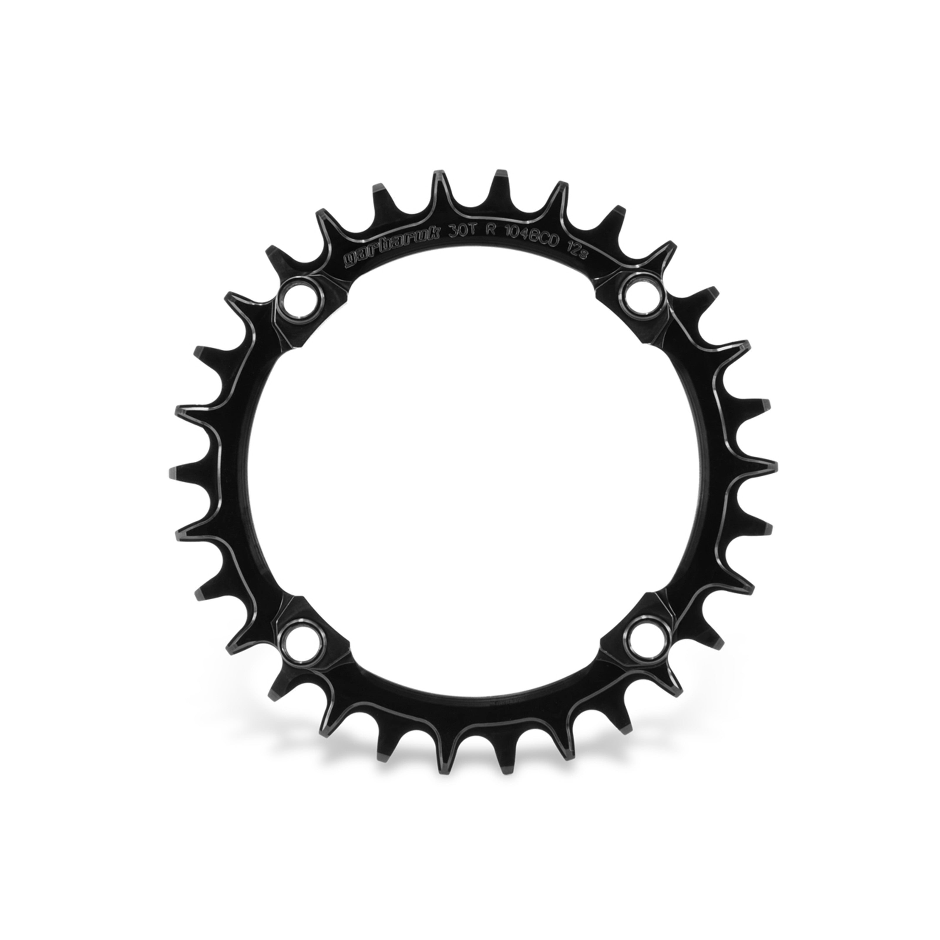 Garbaruk 104 BCD black chainring, size 30T, showing precision CNC-machined teeth and smooth, anodised finish
