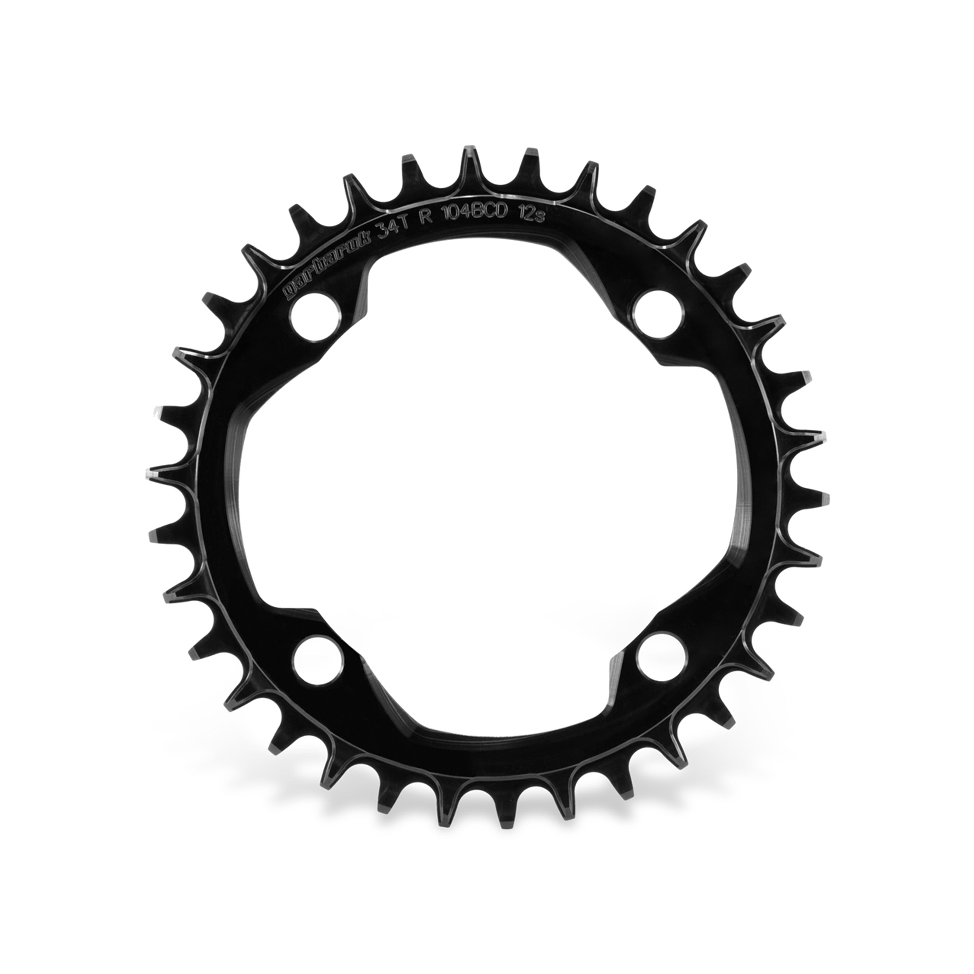 Garbaruk 104 BCD black chainring, size 34T, showing precision CNC-machined teeth and smooth, anodised finish