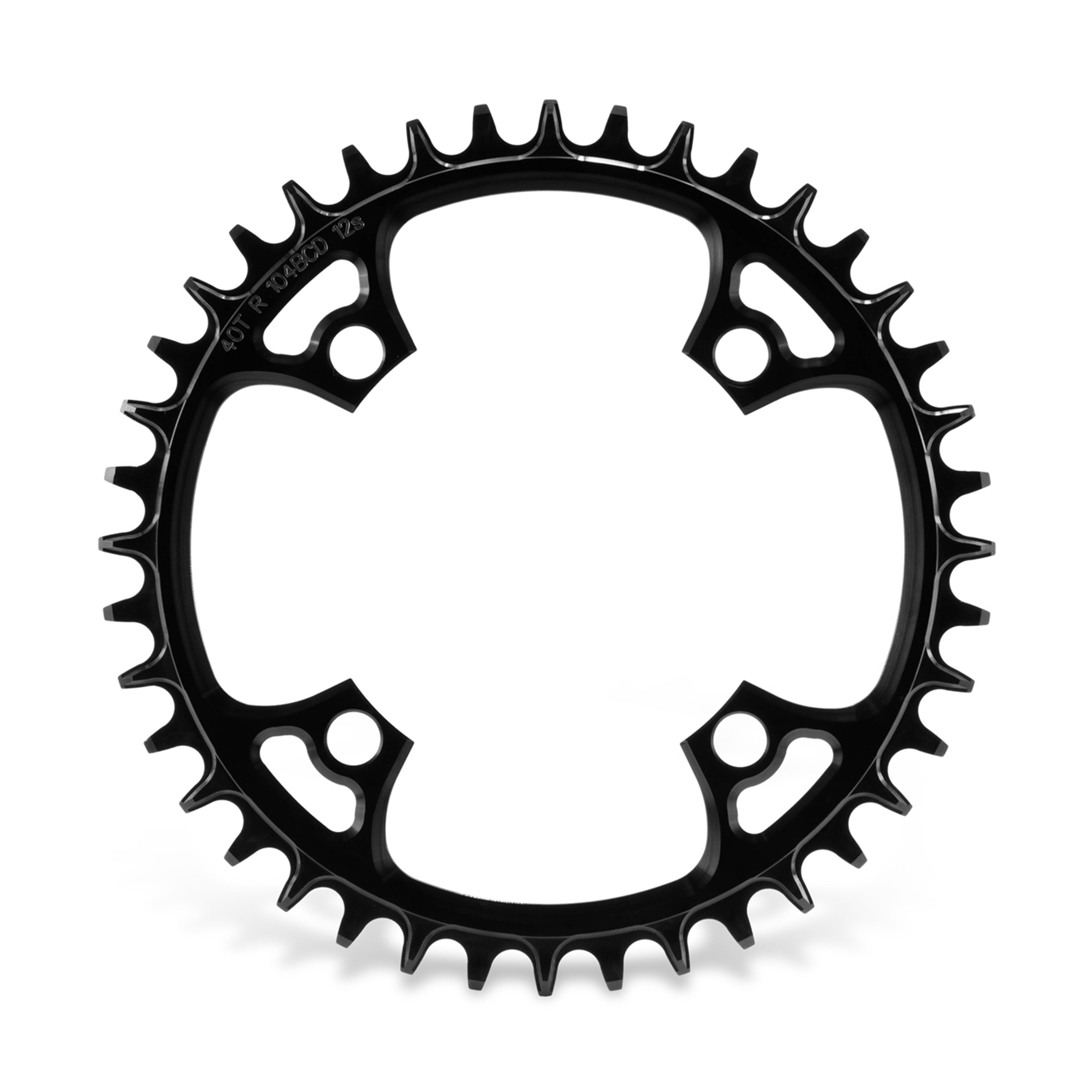 Garbaruk 104 BCD chainring in black, size 40T, showing precision CNC-machined teeth and smooth, anodised finish