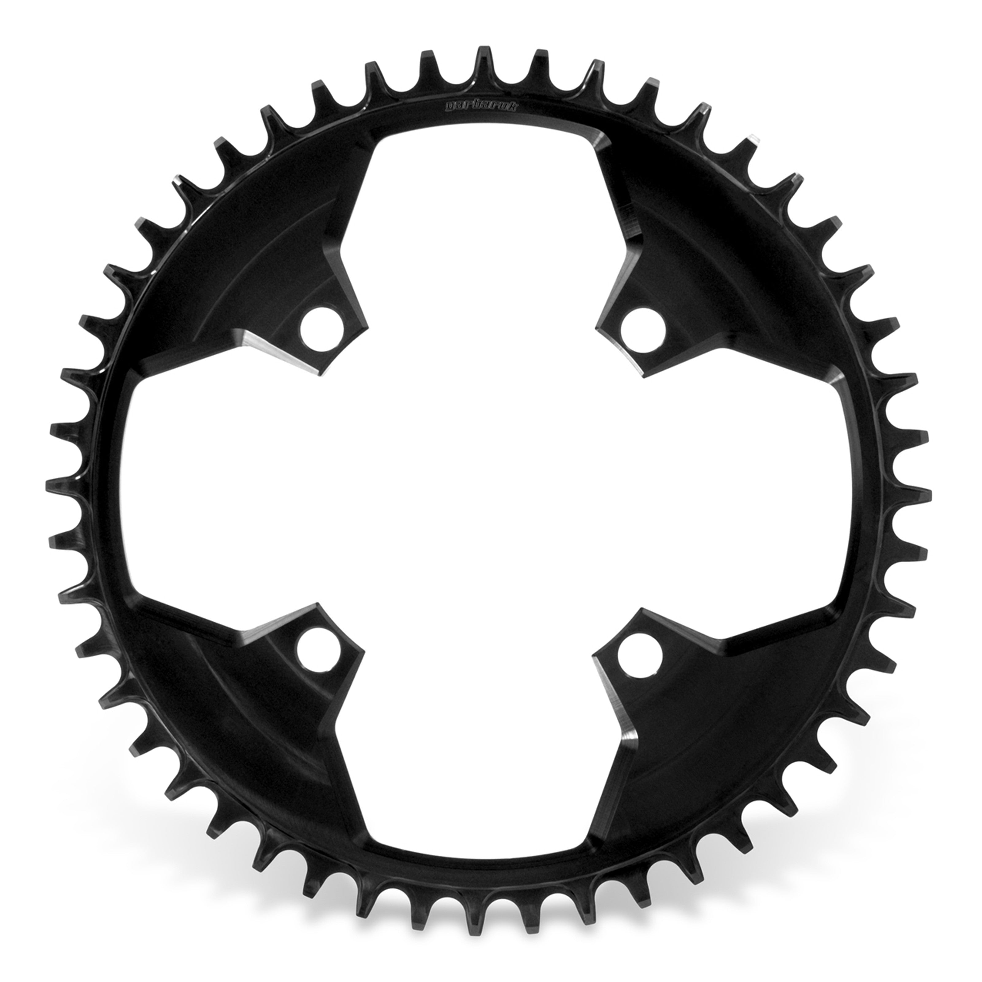 Garbaruk 104 BCD chainring in black, size 48T, showing precision CNC-machined teeth and smooth, anodised finish