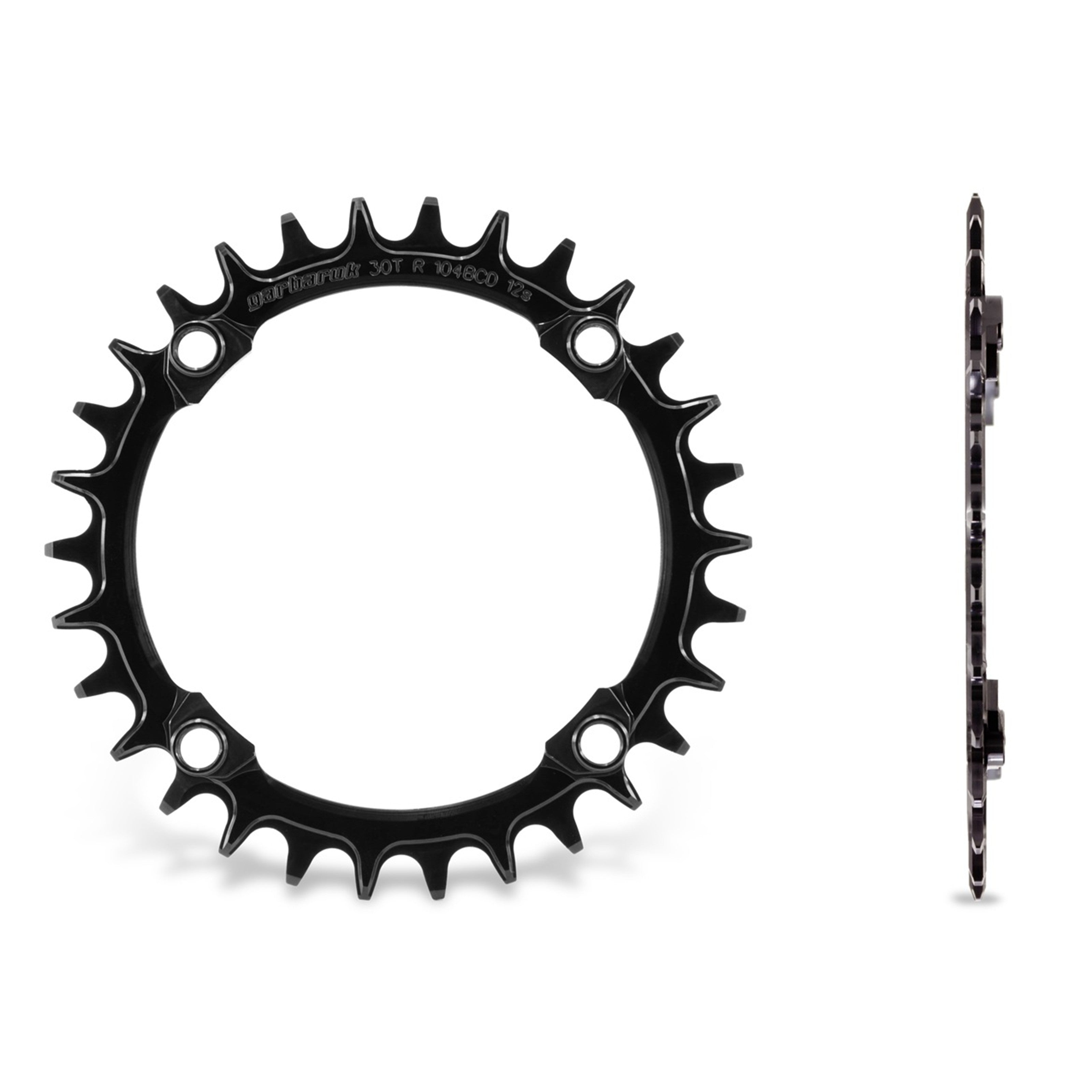 Garbaruk 104 BCD black chainring shown in front view as well as from the size to demonstrate the offset