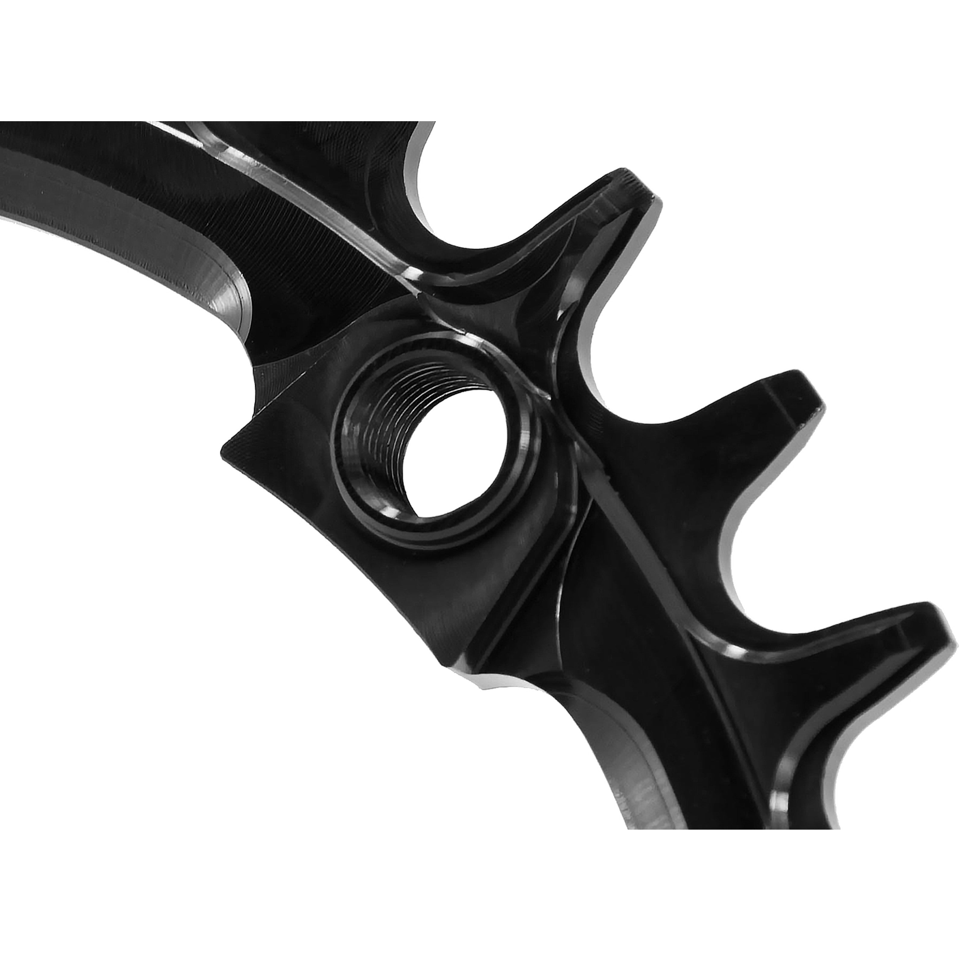 Close-up detail of the Garbaruk 104 BCD black chainring teeth and CNC machining