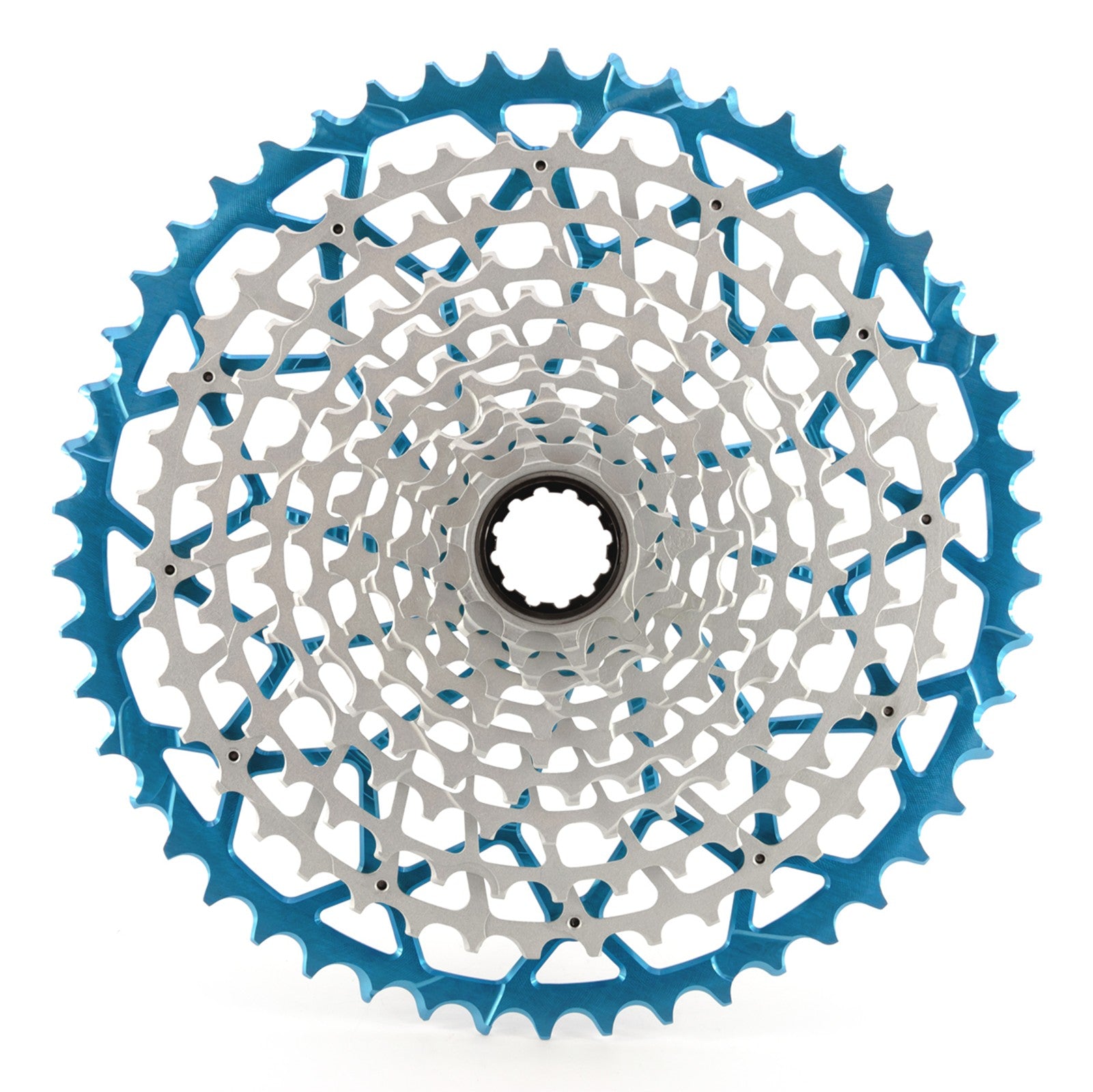 Garbaruk 11-speed SRAM XD freehub cassette in blue, studio shot highlighting the precise tooth design and anodised finish