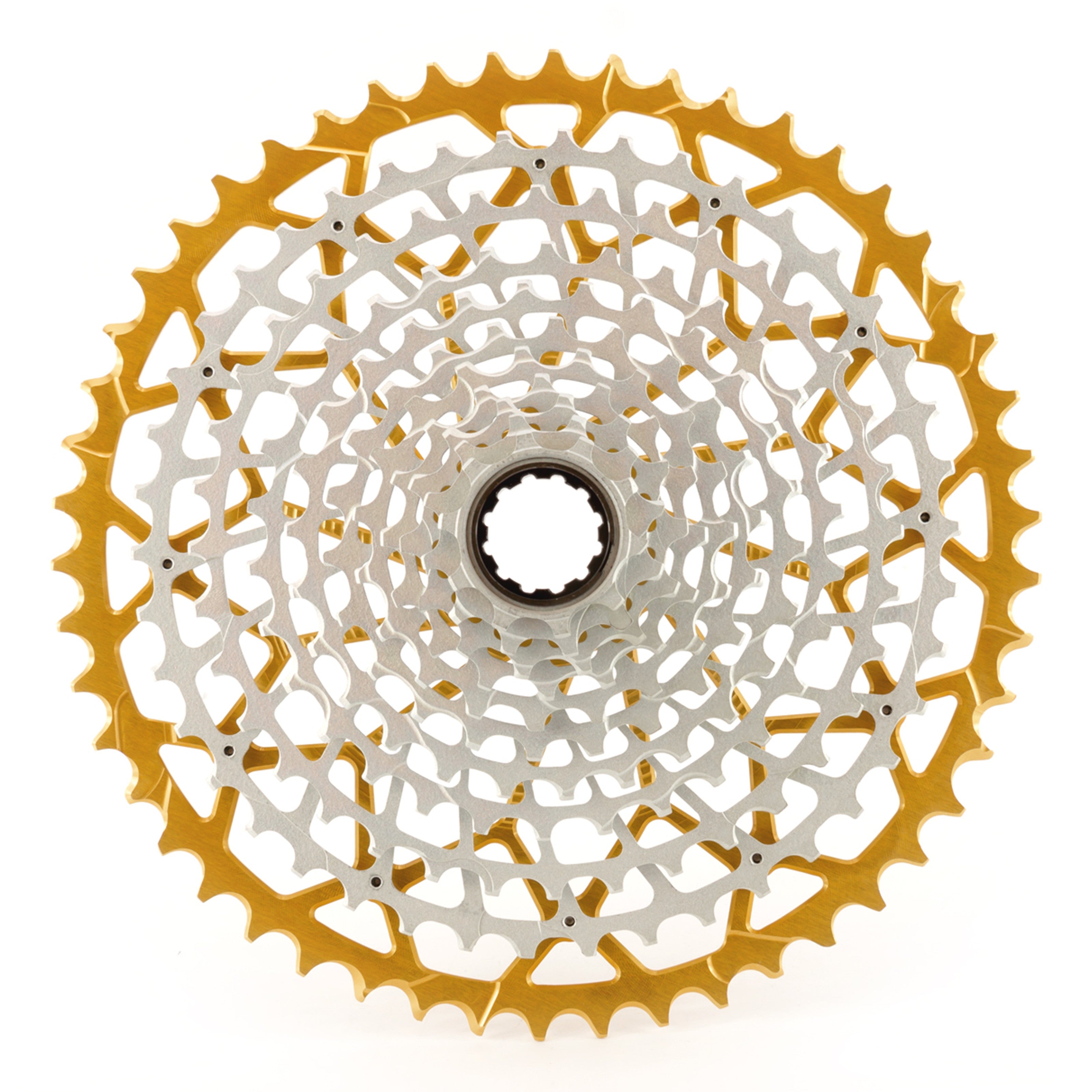 Garbaruk 11-speed SRAM XD freehub cassette in gold, studio shot highlighting the precise tooth design and anodised finish