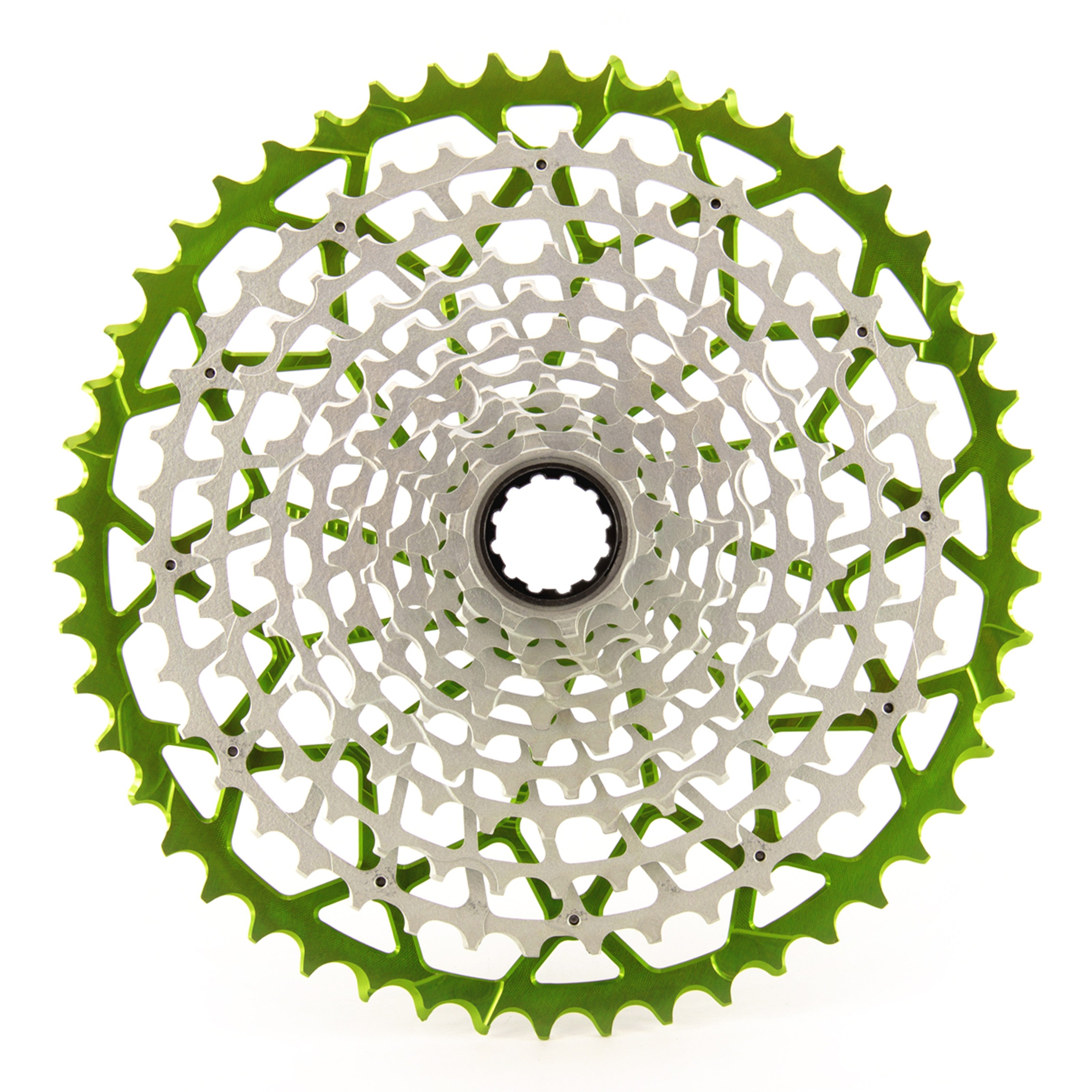 Garbaruk 11-speed SRAM XD freehub cassette in green, studio shot highlighting the precise tooth design and anodised finish