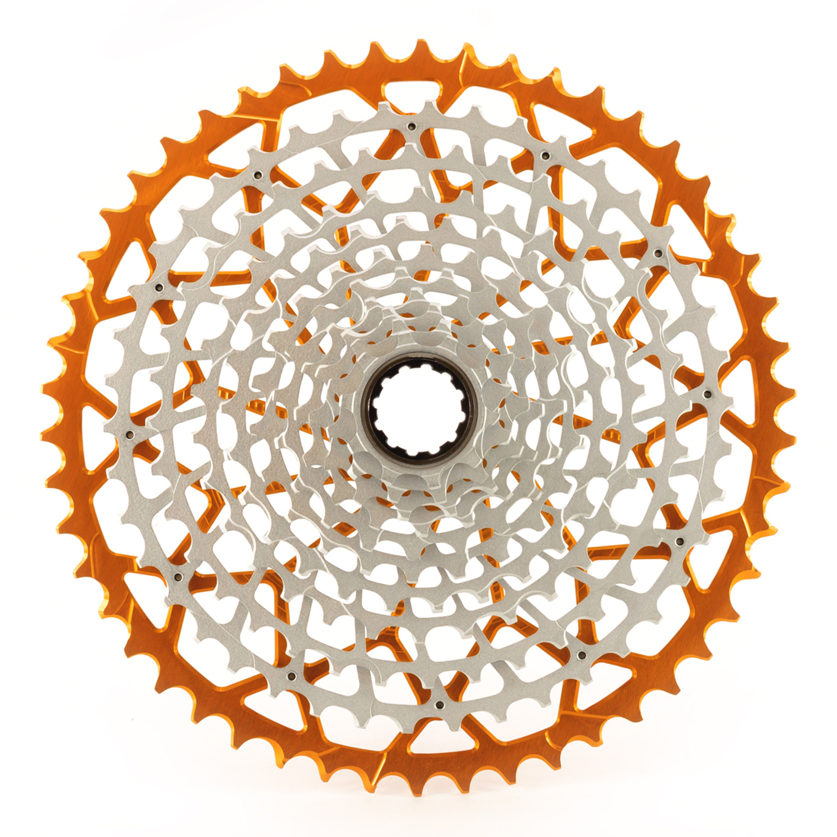 Garbaruk 11-speed SRAM XD freehub cassette in orange, studio shot highlighting the precise tooth design and anodised finish