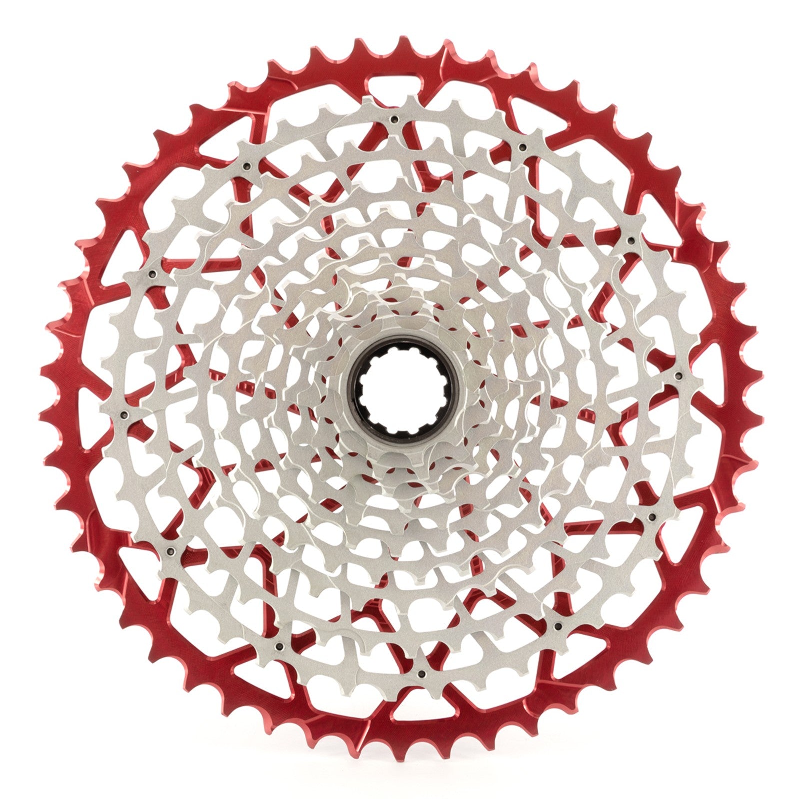 Garbaruk 11-speed SRAM XD freehub cassette in red, studio shot highlighting the precise tooth design and anodised finish