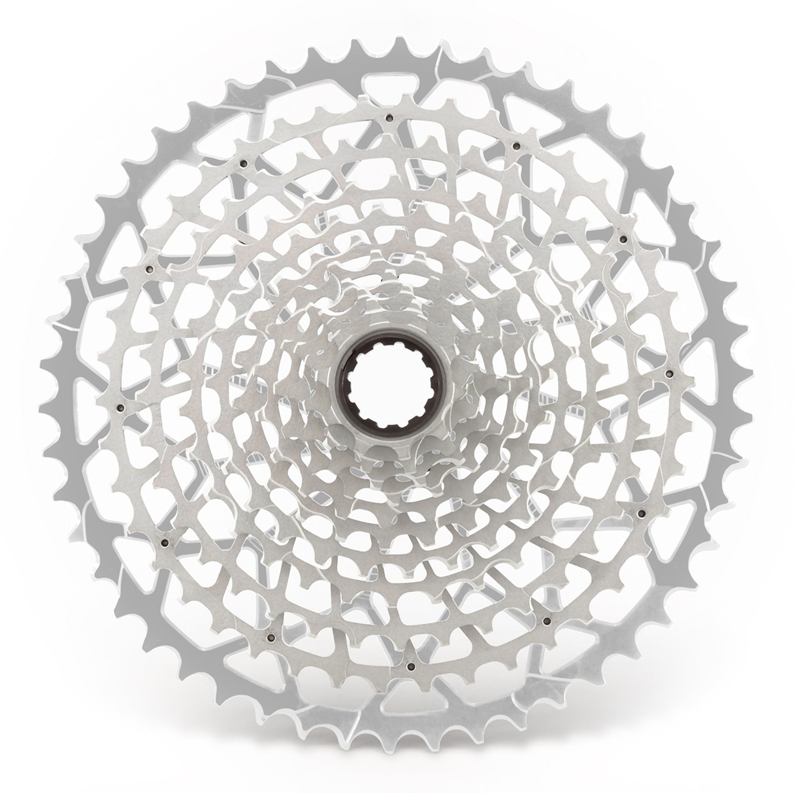 Garbaruk 11-speed SRAM XD freehub cassette in silver, studio shot highlighting the precise tooth design and anodised finish