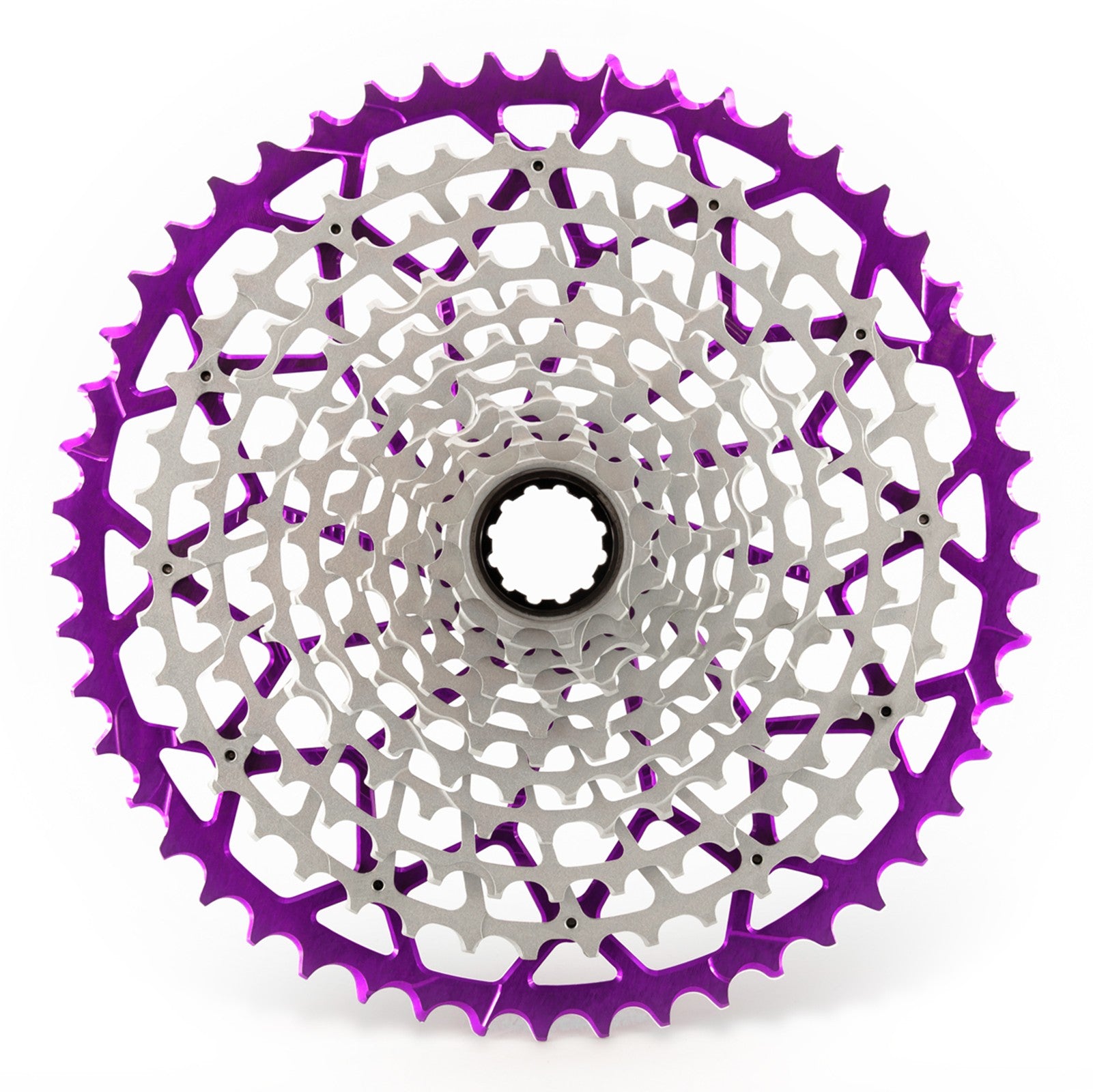 Garbaruk 11-speed SRAM XD freehub cassette in violet, studio shot highlighting the precise tooth design and anodised finish