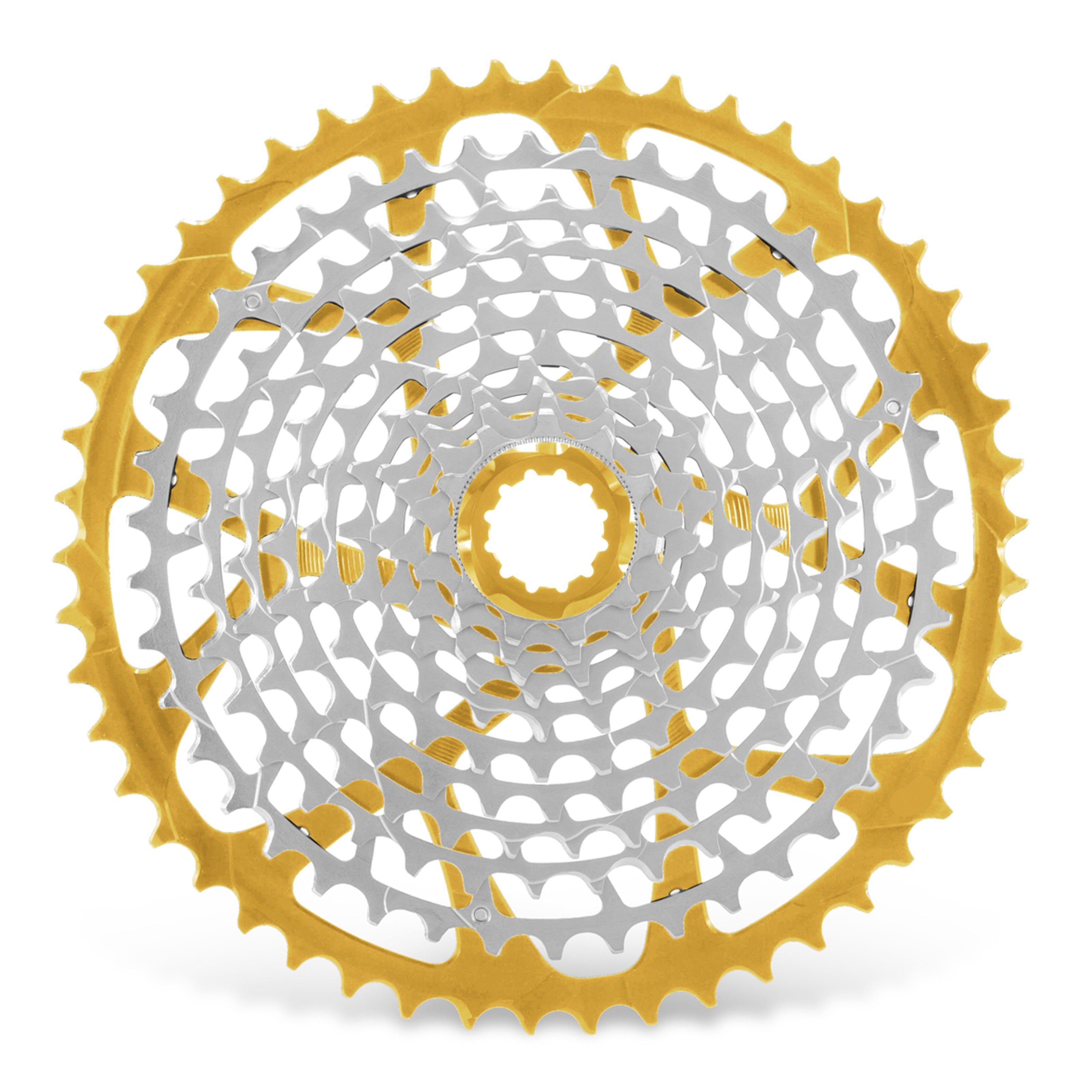 Garbaruk 11-speed Shimano cassette in gold, highlighting the CNC machining details and precise tooth design