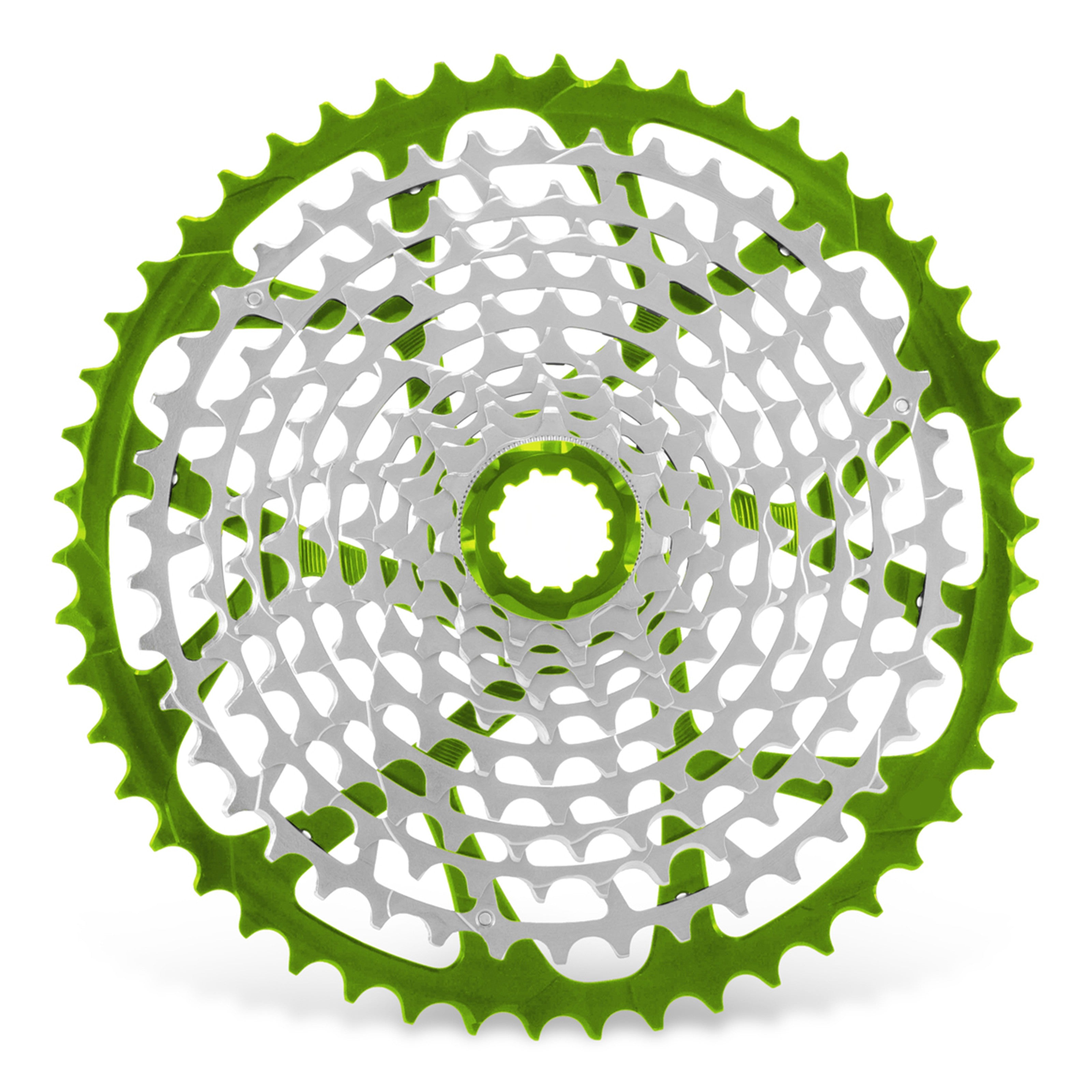 Garbaruk 11-speed Shimano cassette in green, highlighting the CNC machining details and precise tooth design