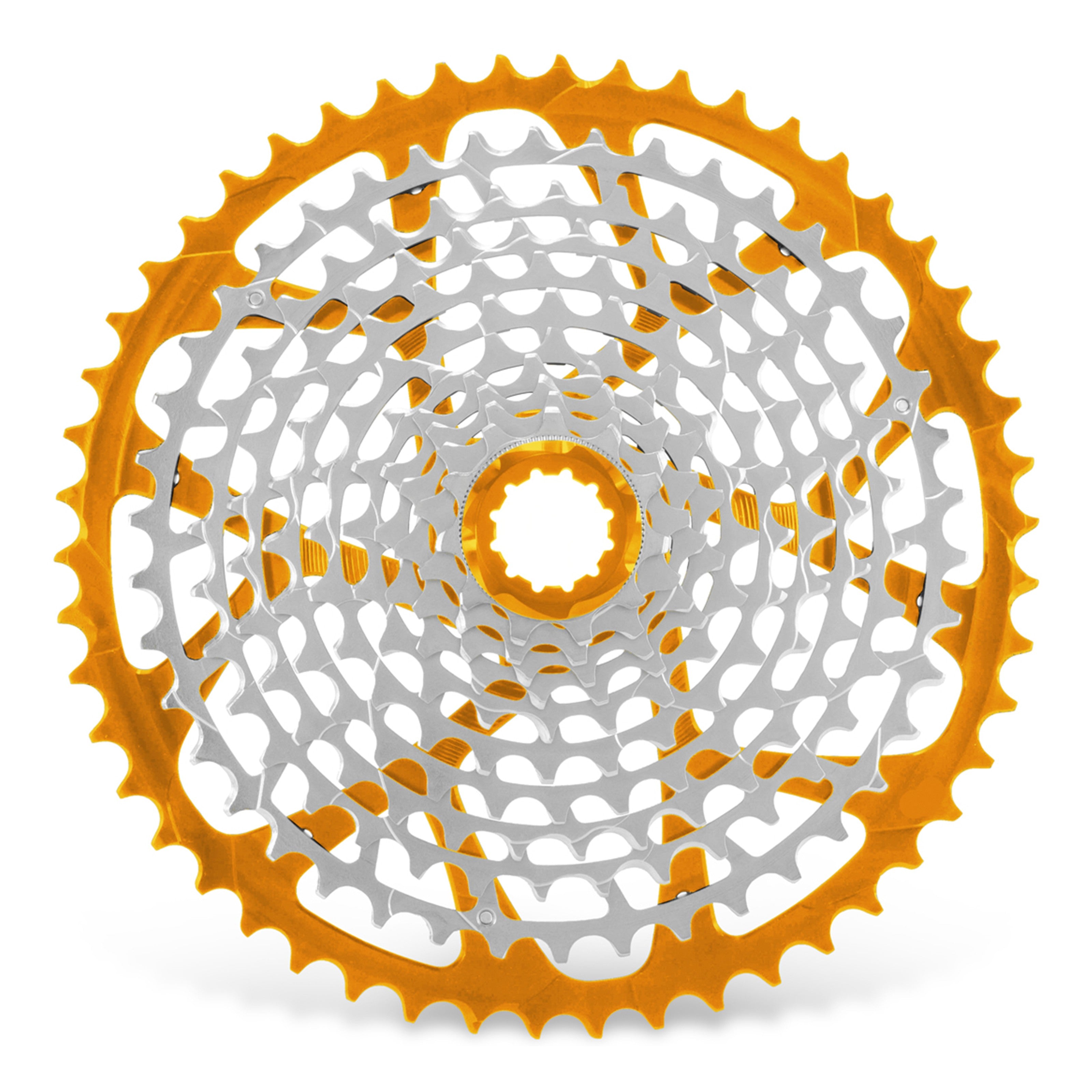 Garbaruk 11-speed Shimano cassette in orange, highlighting the CNC machining details and precise tooth design