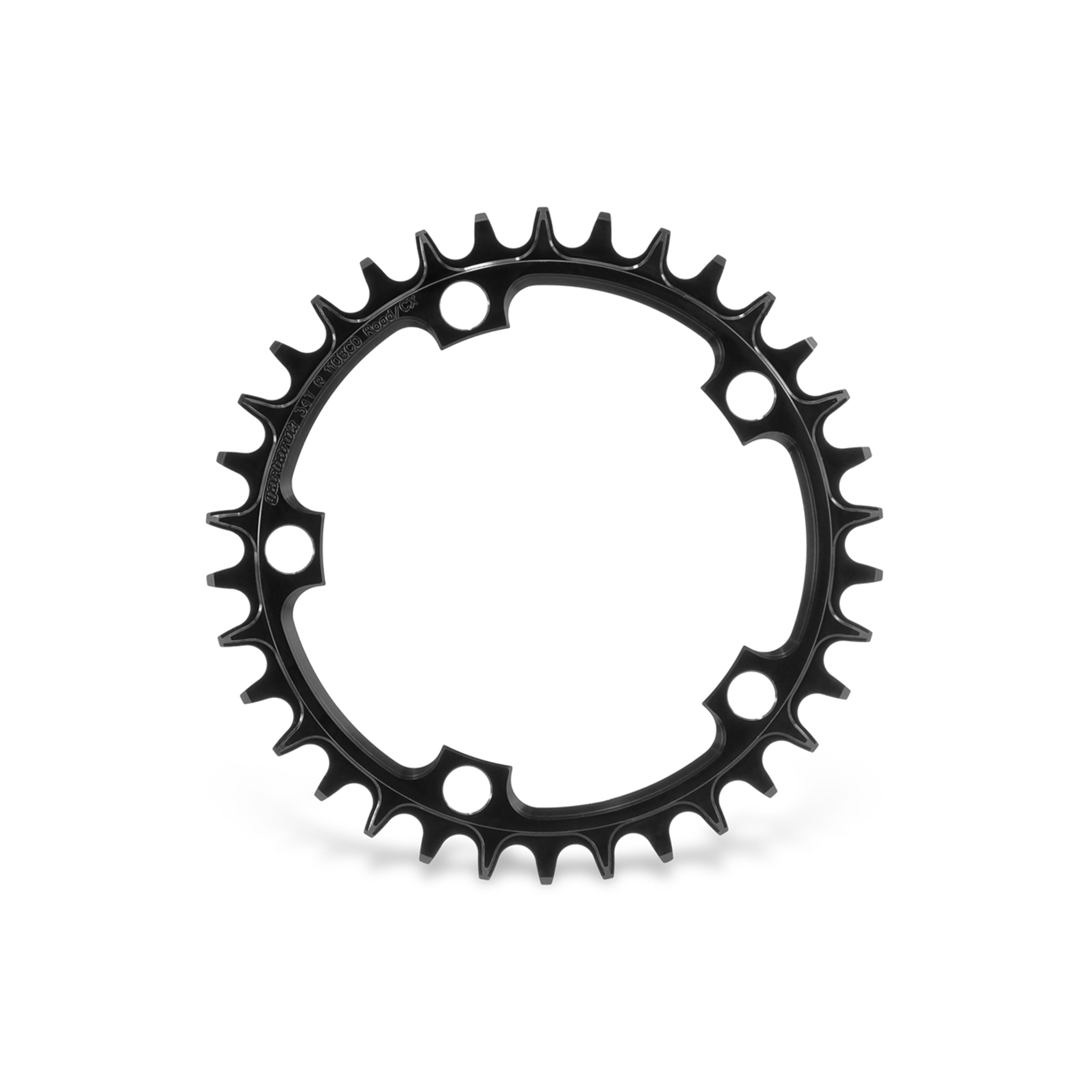 Garbaruk 110 BCD 5-bolt chainring in black, 34T, showing precise CNC machining and unique tooth profile design