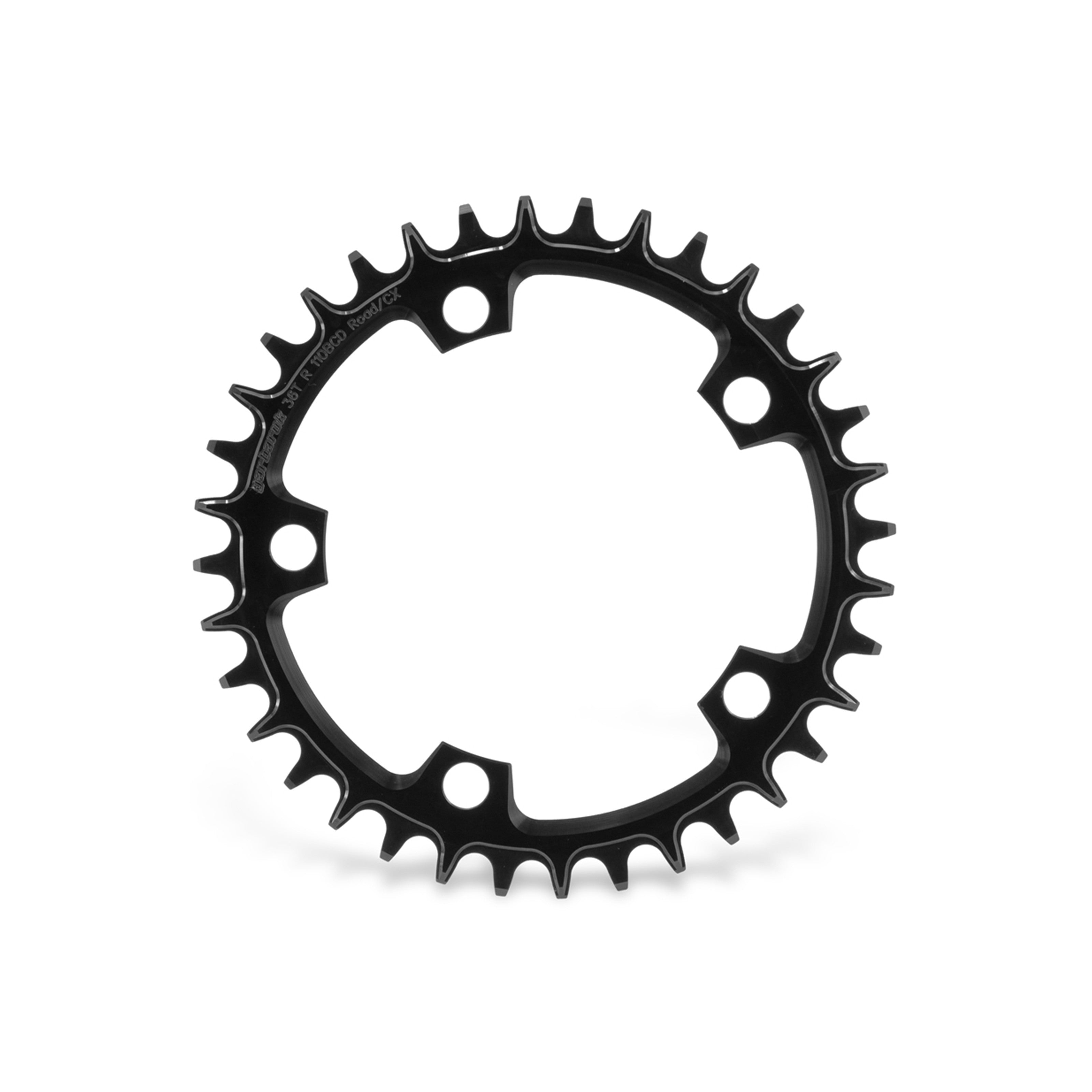 Garbaruk 110 BCD 5-bolt chainring in black, 36T, showing precise CNC machining and unique tooth profile design