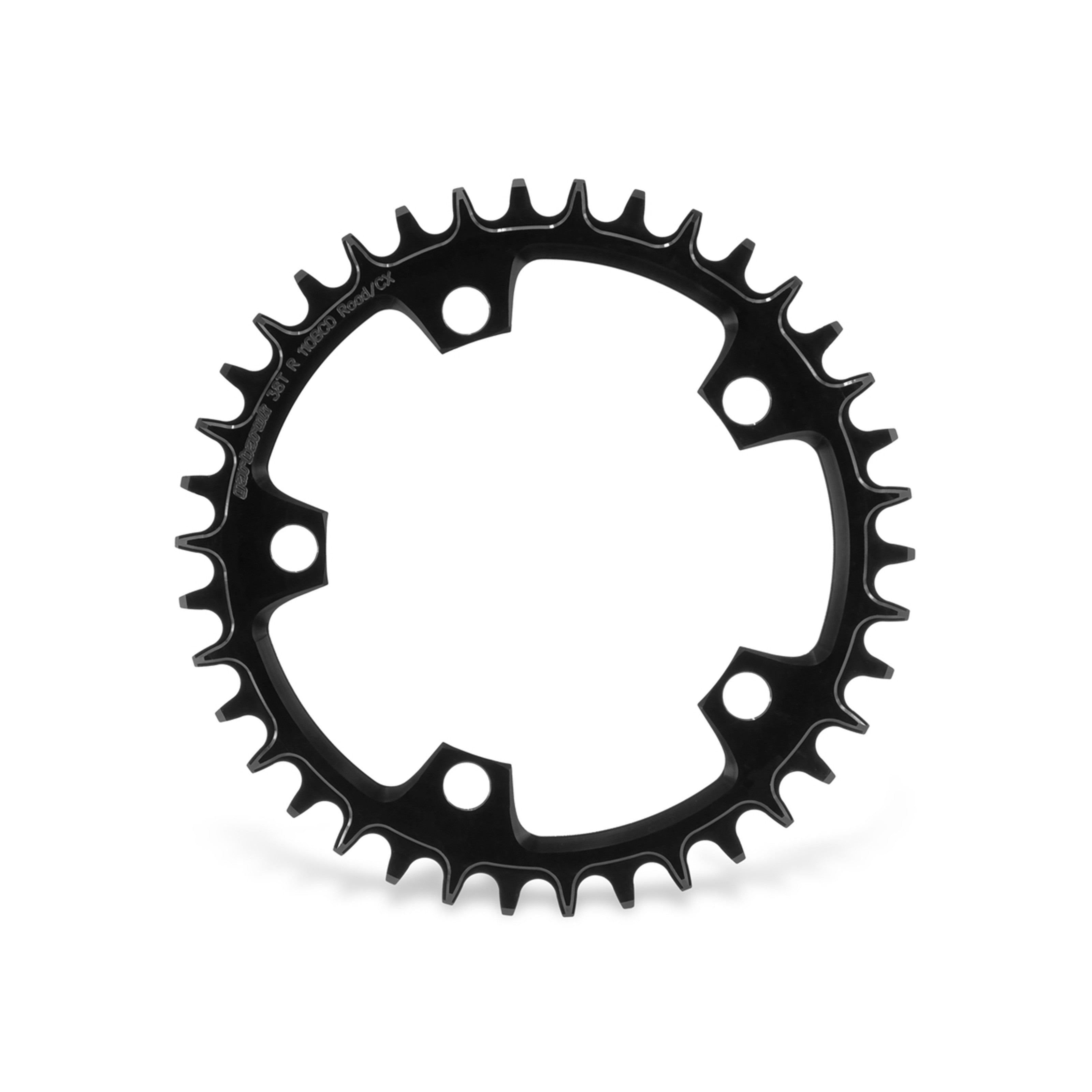 Garbaruk 110 BCD 5-bolt chainring in black, 38T, showing precise CNC machining and unique tooth profile design