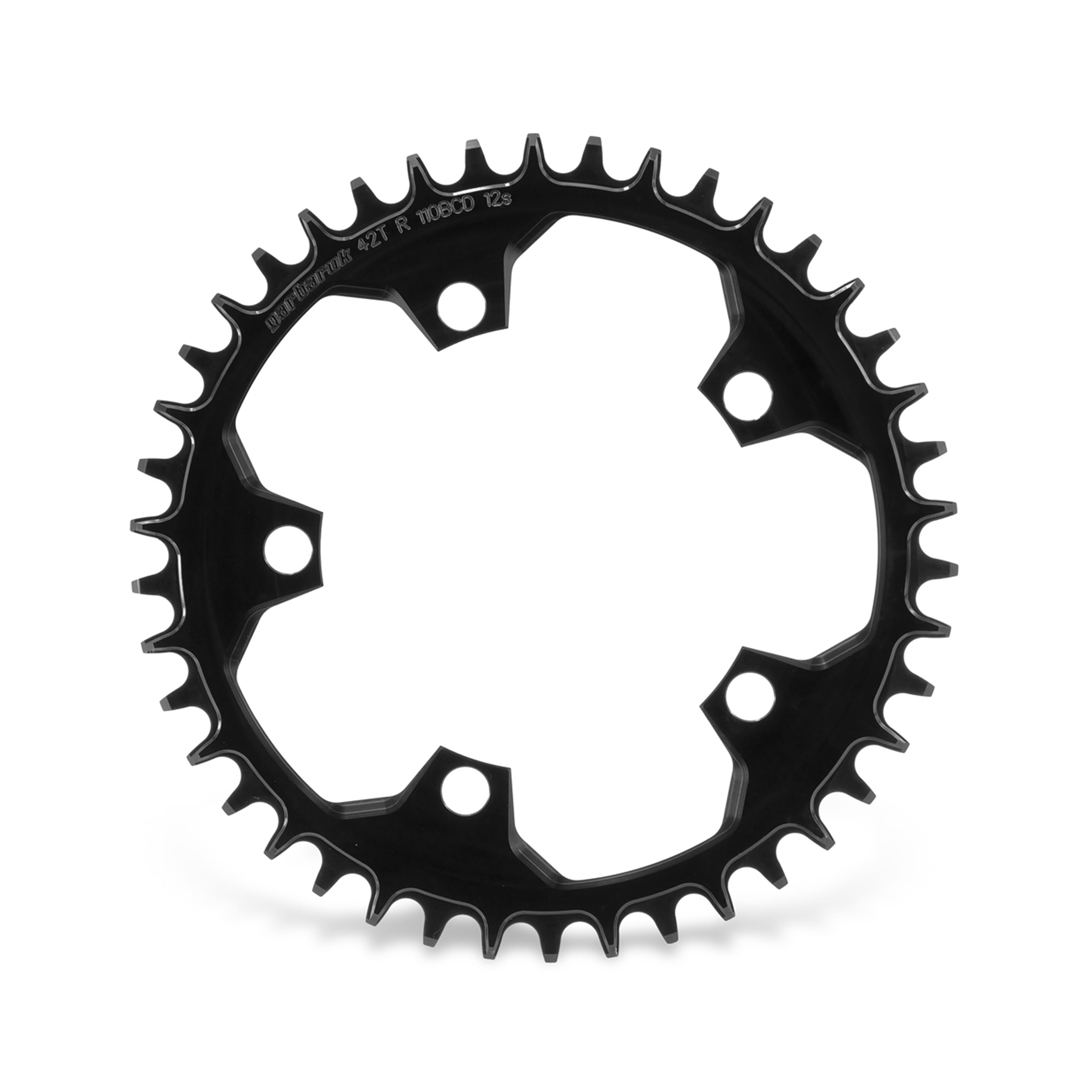 Garbaruk 110 BCD 5-bolt chainring in black, 42T, showing precise CNC machining and unique tooth profile design