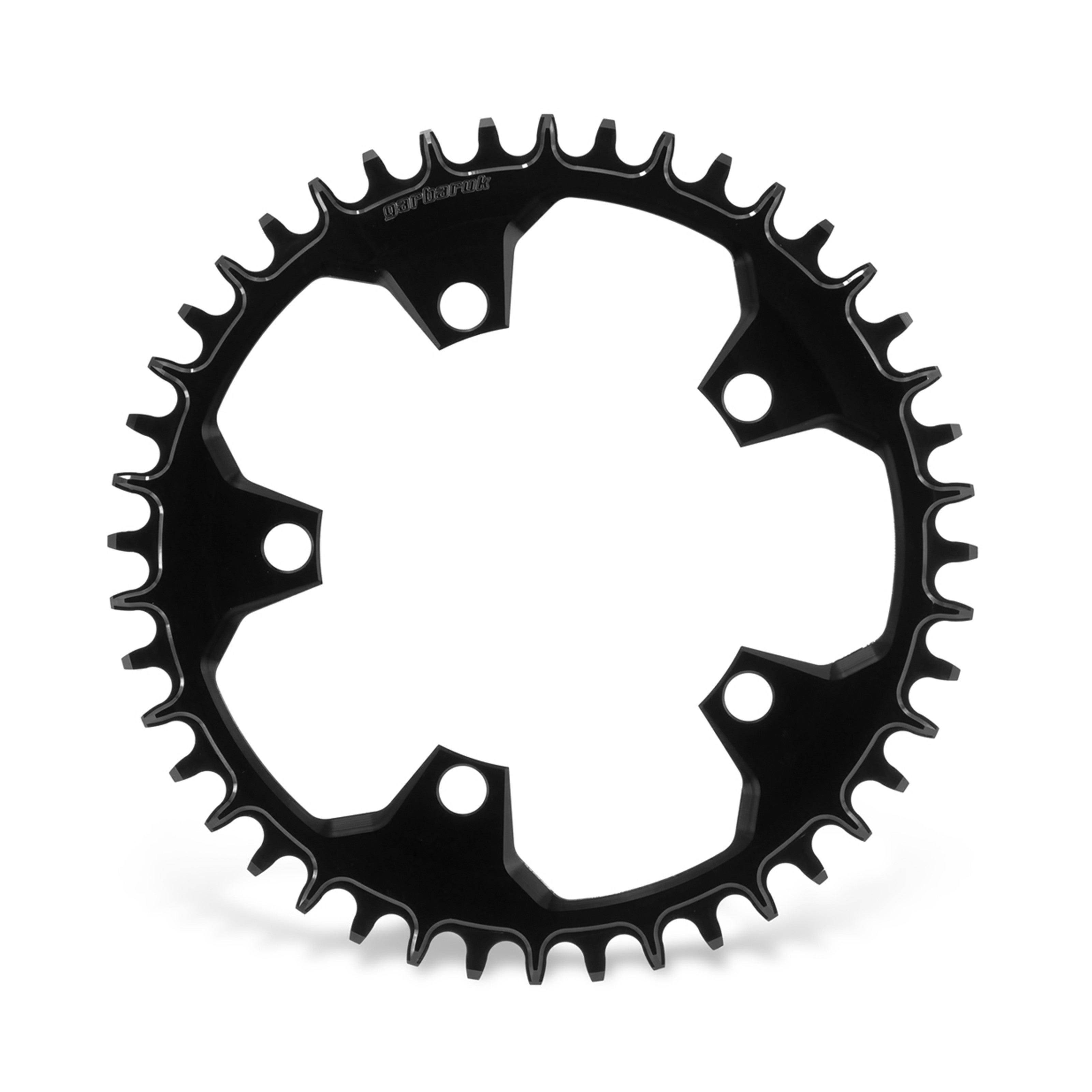 Garbaruk 110 BCD 5-bolt chainring in black, 44T, showing precise CNC machining and unique tooth profile design